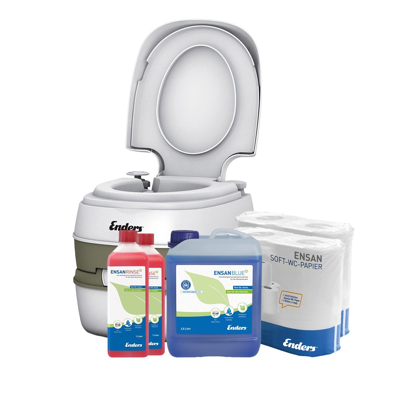 Enders® Campingtoilette SET Comfort large+: Comfort + 2xRinse+ 1L + Blue+ 2,5L + 2x WC-Papier, (Spar-Set, 2L Rinse+ + 2,5L Blue+ + 8 Rollen selbstauflösendes Toilettenpapier), Kolbenpumpe, geringes Gewicht, glatte und hygienische Oberfläche