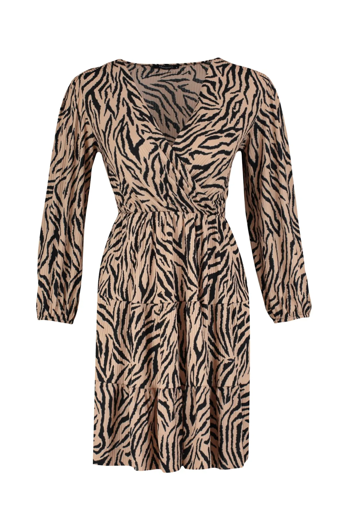 Trendyol Collection  Braunes Skater-/Zweireiher-Mini-Stretch-Strickkleid mit Zebramuster TWOAW22EL0104