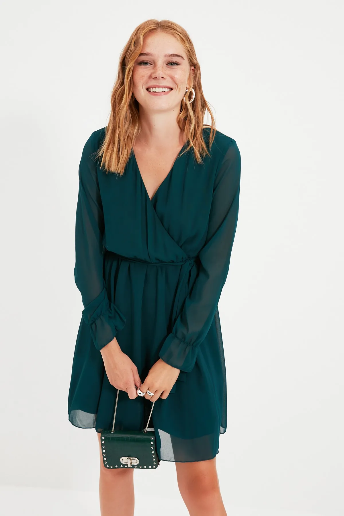Trendyol Collection  Smaragdgrünes, zweireihiges Webkleid mit Gürtel TWOAW20EL0789
