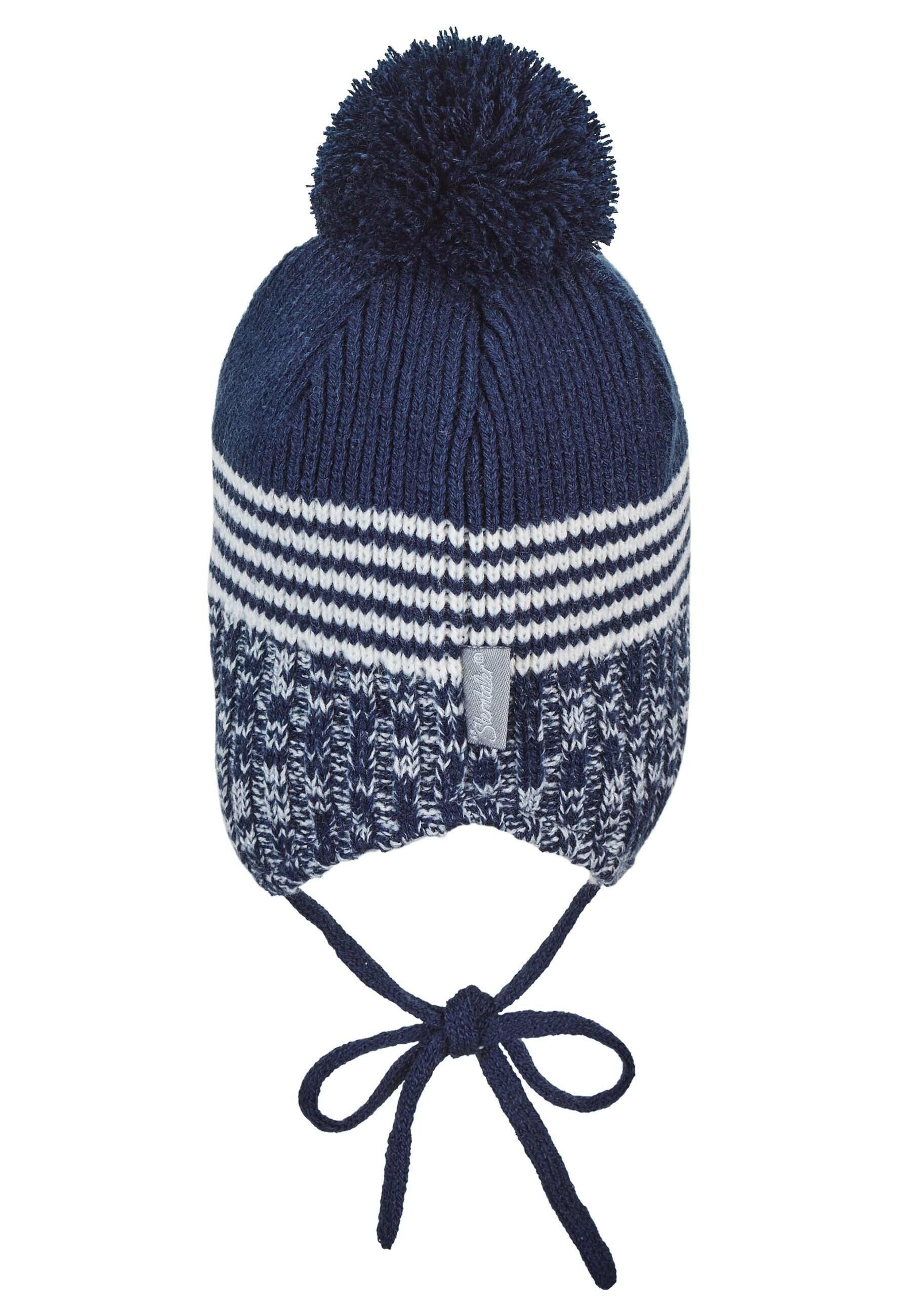 Strickmütze im Mustermix mit Bommel und Bindeband