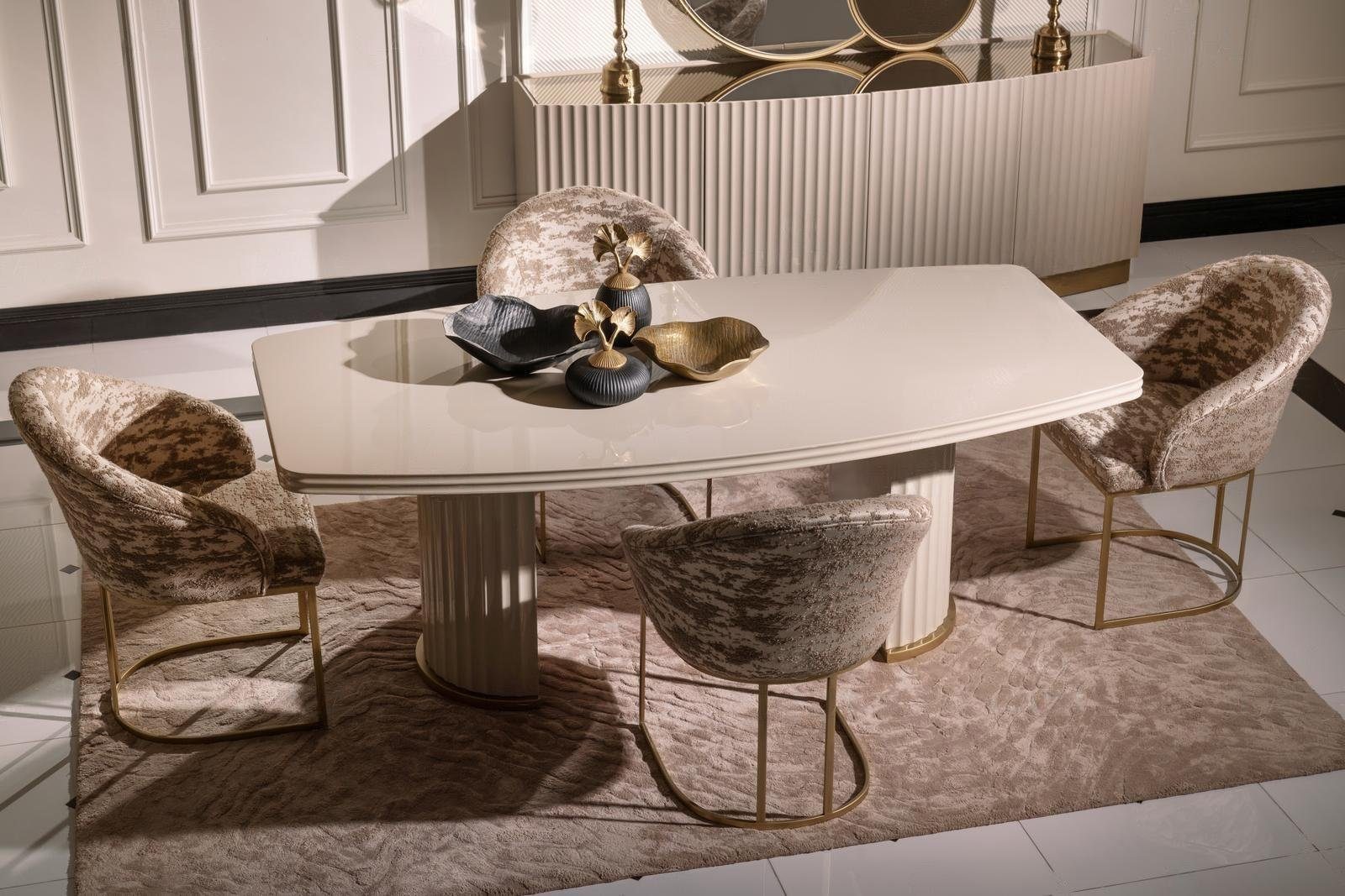 JVmoebel Esszimmer-Set Essgruppe Essecke Esstisch Stühle Set 9tlg Esszimmer Beige Holz Luxus, (9-St., 1x Esstisch+6x Stühle+1x Sideboard+1x Spiegel), Made in Europa
