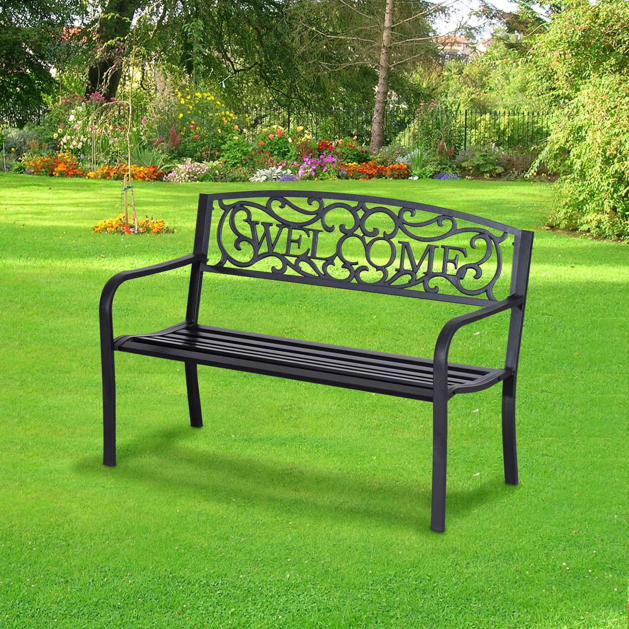 Outsunny Gartenbank 2-Sitzer Balkon Sitzbank Bank Parkbank Gartenmöbel Metall