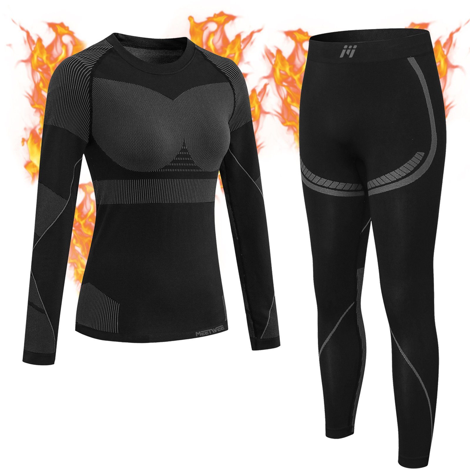 MEETYOO Thermounterhemd Damen Thermounterwäsche Set (Funktionsunterwäsche Skiunterwäsche Set, Lange Unterhosen Kompressionsanzug) Skifahren Lange Thermohemd Unterhose