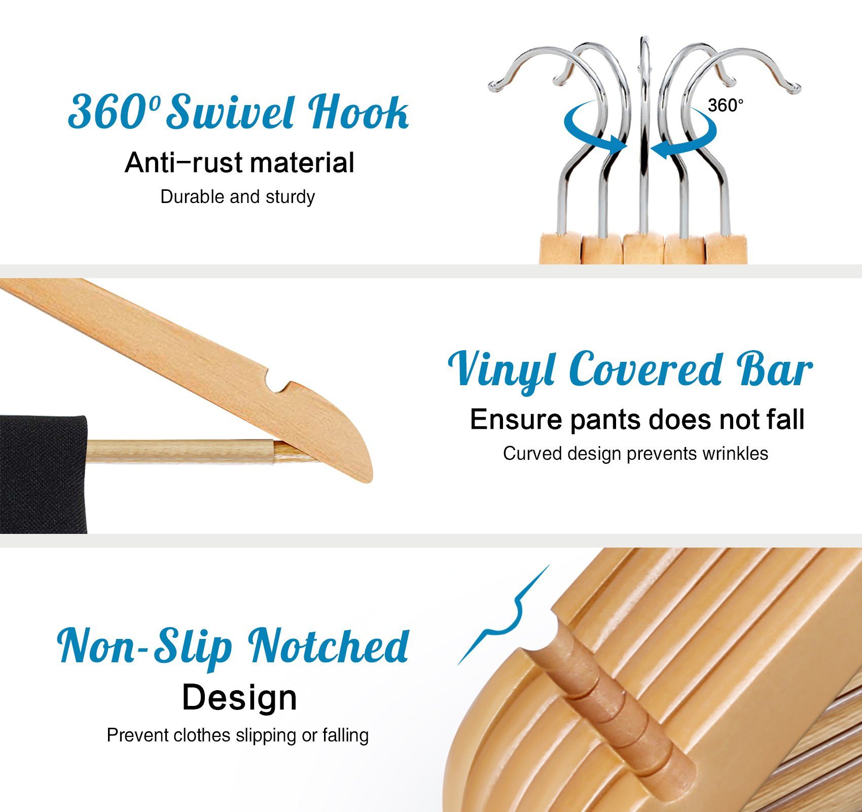 Homewit Kleiderbügel Holz Bügel mit Drehbar Haken, Rockkerben und Hosensteg Weiß/Natur, (Packung, 20-tlg), für Kleidung Anzüge, Jacke, Hose