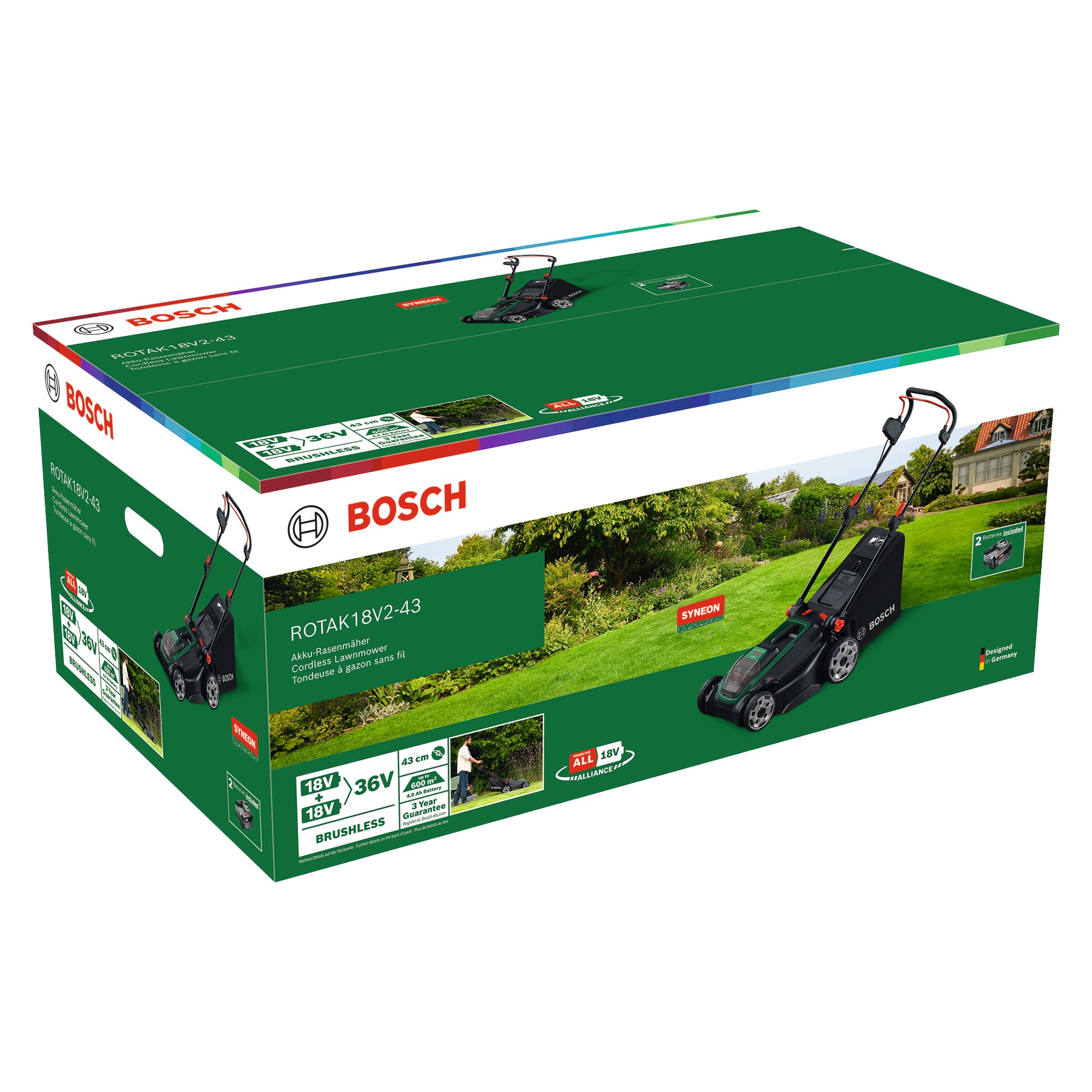 Kosiarka akumulatorowa Bosch Green 06008B9L00 Rotak 18V2-43 z 2 akumulatorami 18 V 4,0 Ah i ładowarką AL 2 x 18 V-88 oraz wtyczką do mulczowania w pudełku