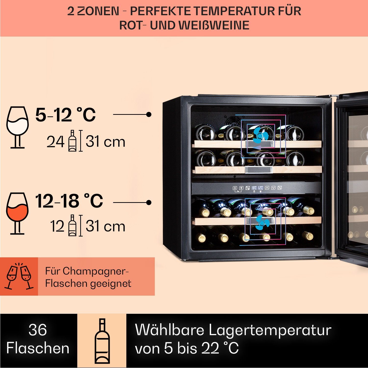 Klarstein Weinkühlschrank Vinsider 36 Quartz Edition, für 36 Standardflaschen á 0,75l,Wein Flaschenkühlschrank Weintemperierschrank Weinschrank Kühlschrank