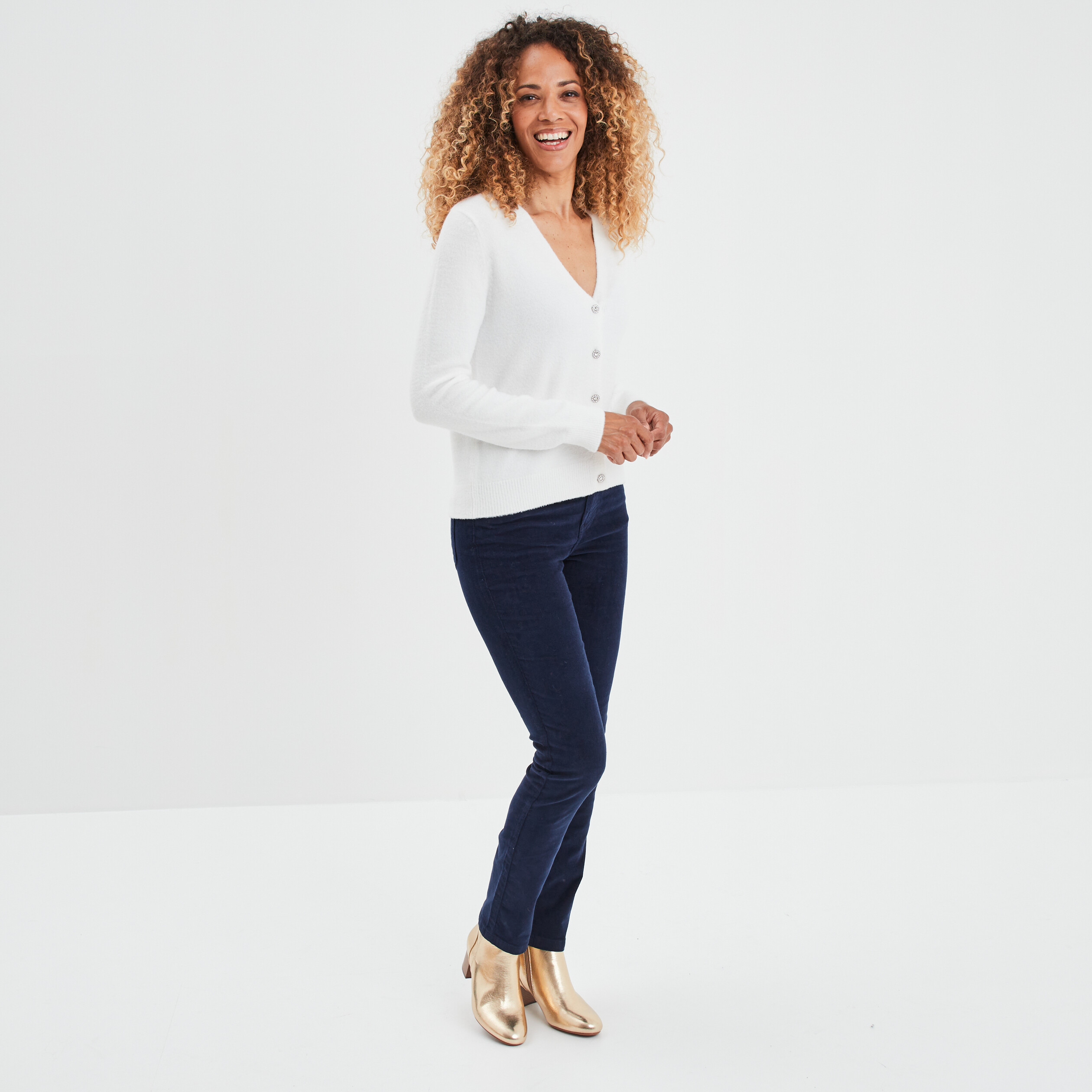 Gilet col en V boutons bijoux blanc femme | La Halle