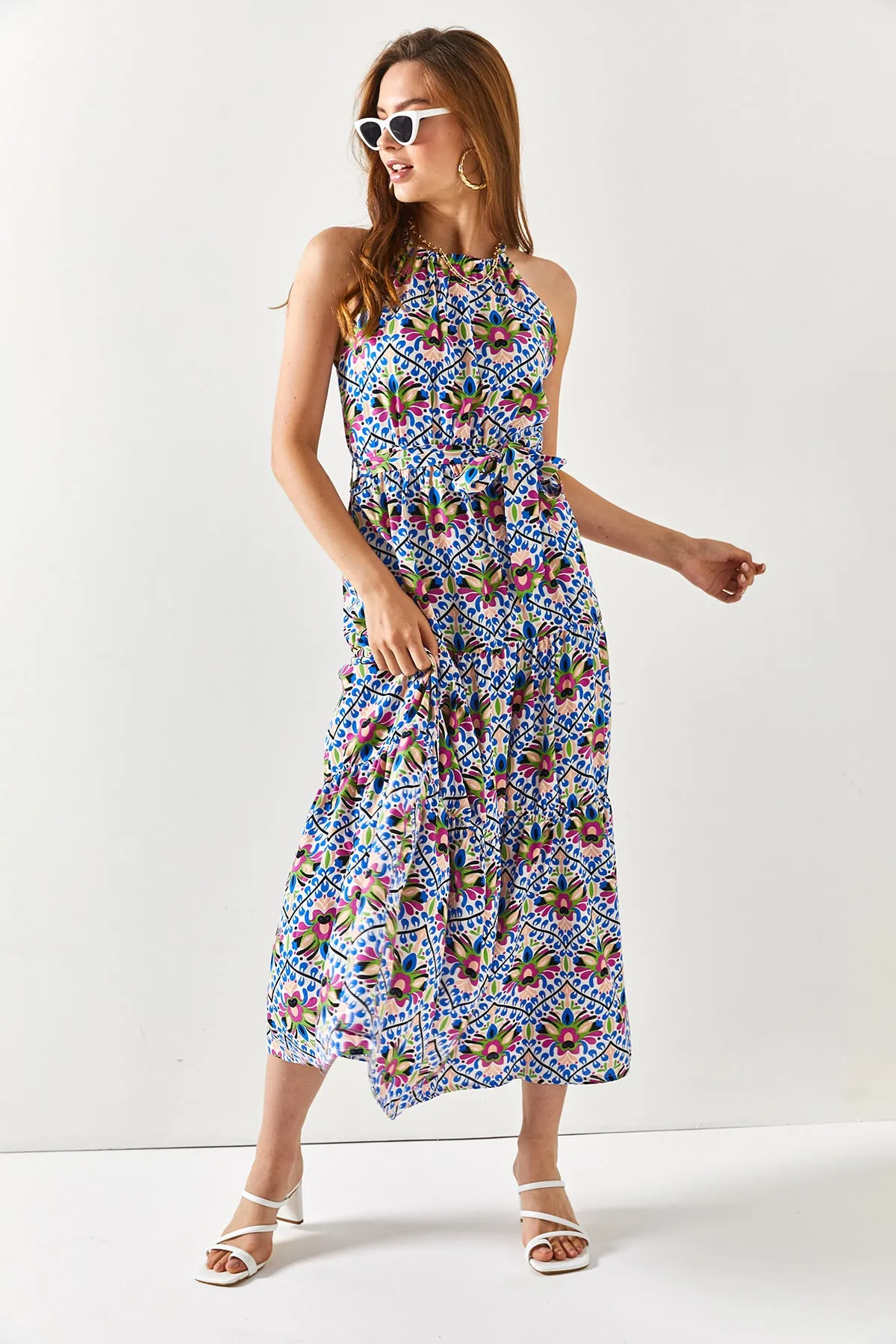 Olalook  Saks Blue Powder Neckholder-Kleid aus gewebtem Viscon mit Gürtel und Gürtel ELB-19001548 für Damen