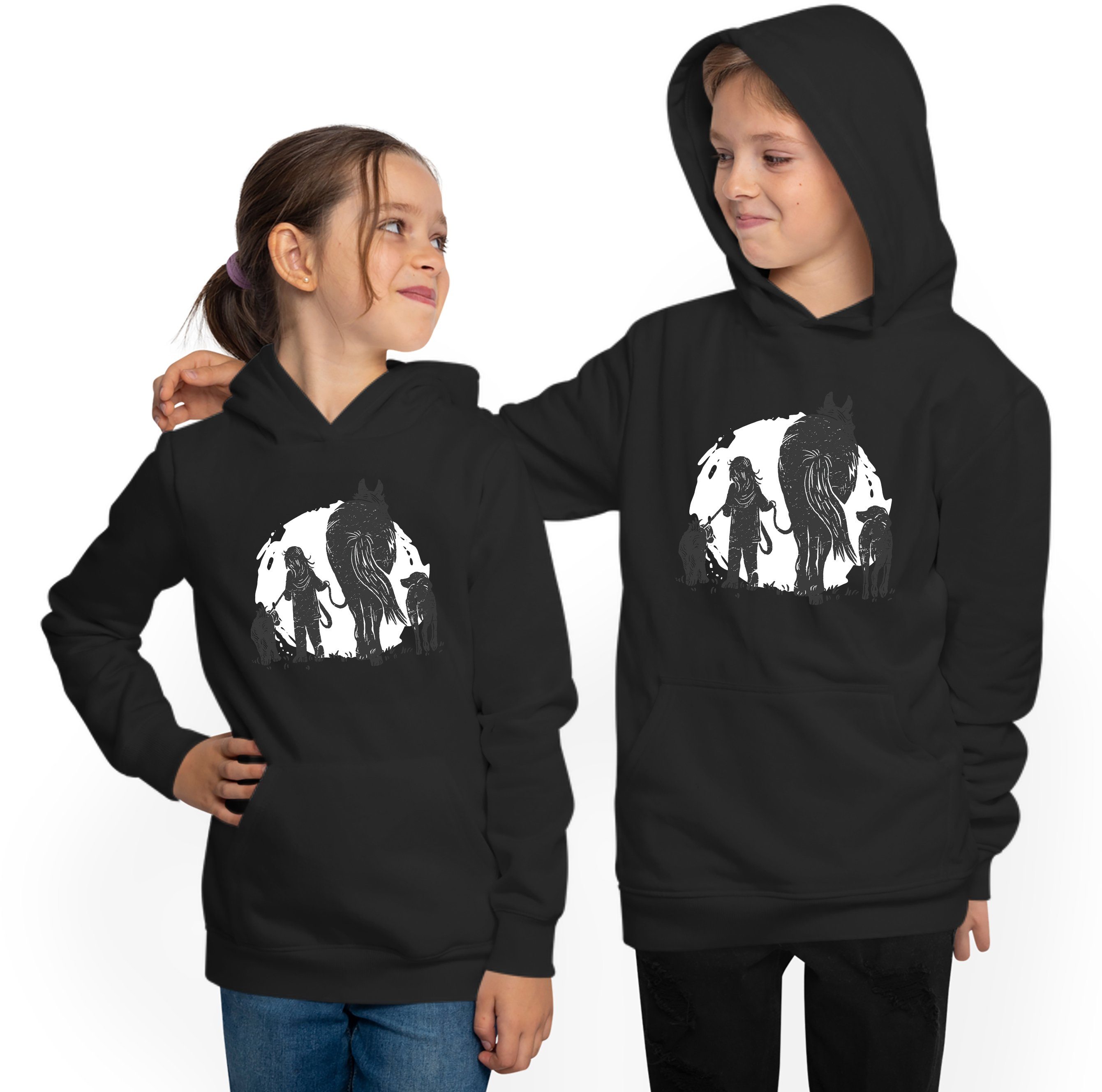 MyDesign24 Hoodie Kinder Kapuzen Sweatshirt Hoodie Mädchen führt Hund und Pferd aus Kapuzensweater mit Aufdruck, i150