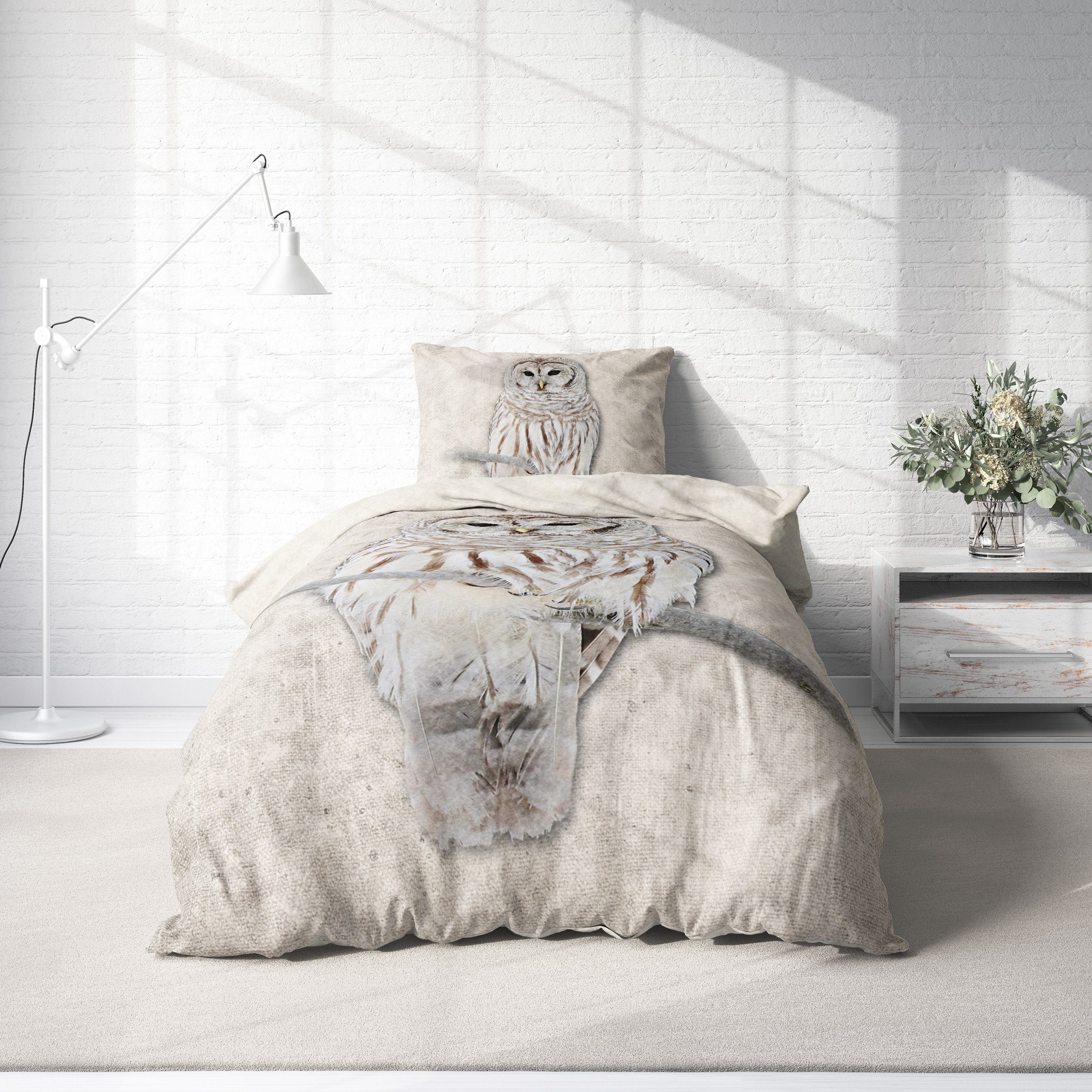Bettwäsche Dolia, One Home, Fleece, 2 teilig, Eule Natur, kuschelig flauschig warm weich Winter