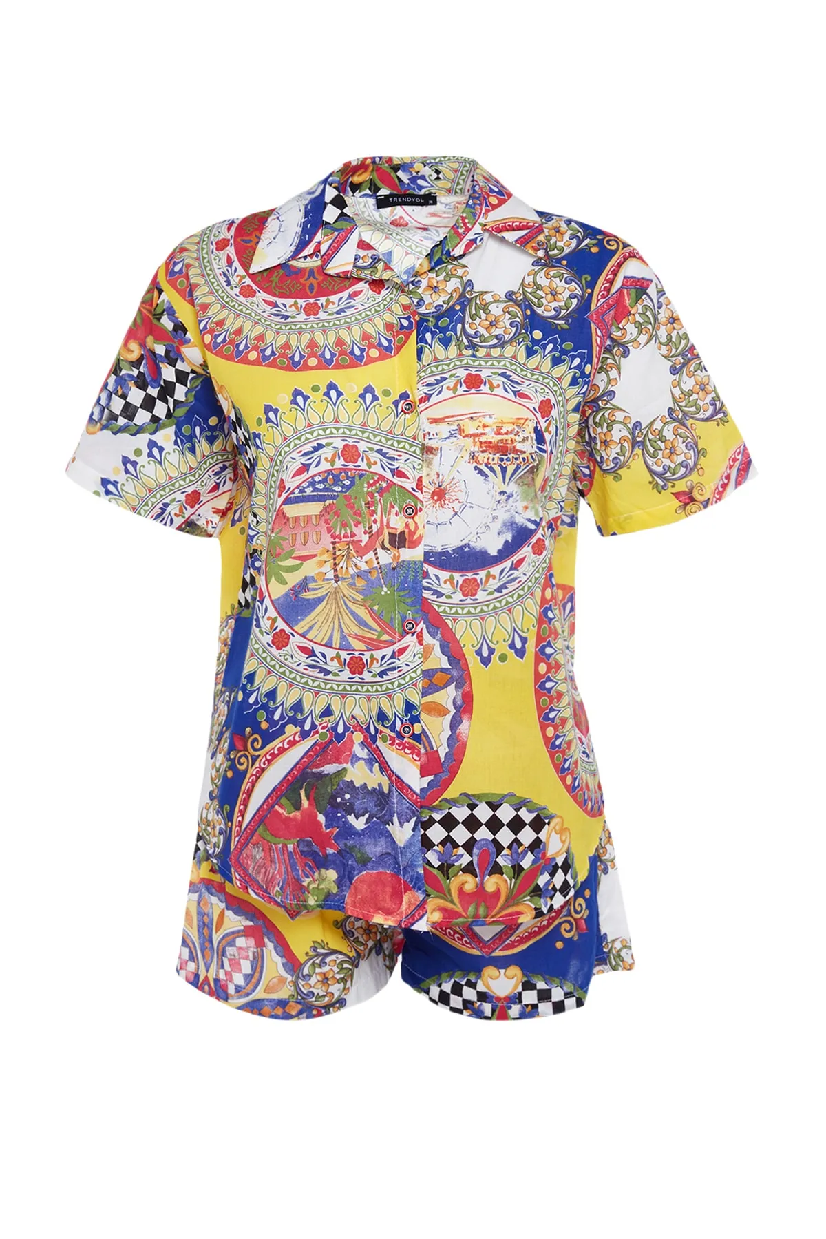 Trendyol Collection  Gewebtes Hemd-Shorts-Set aus 100 % Baumwolle mit Fliesenmuster TBESS23AU00012