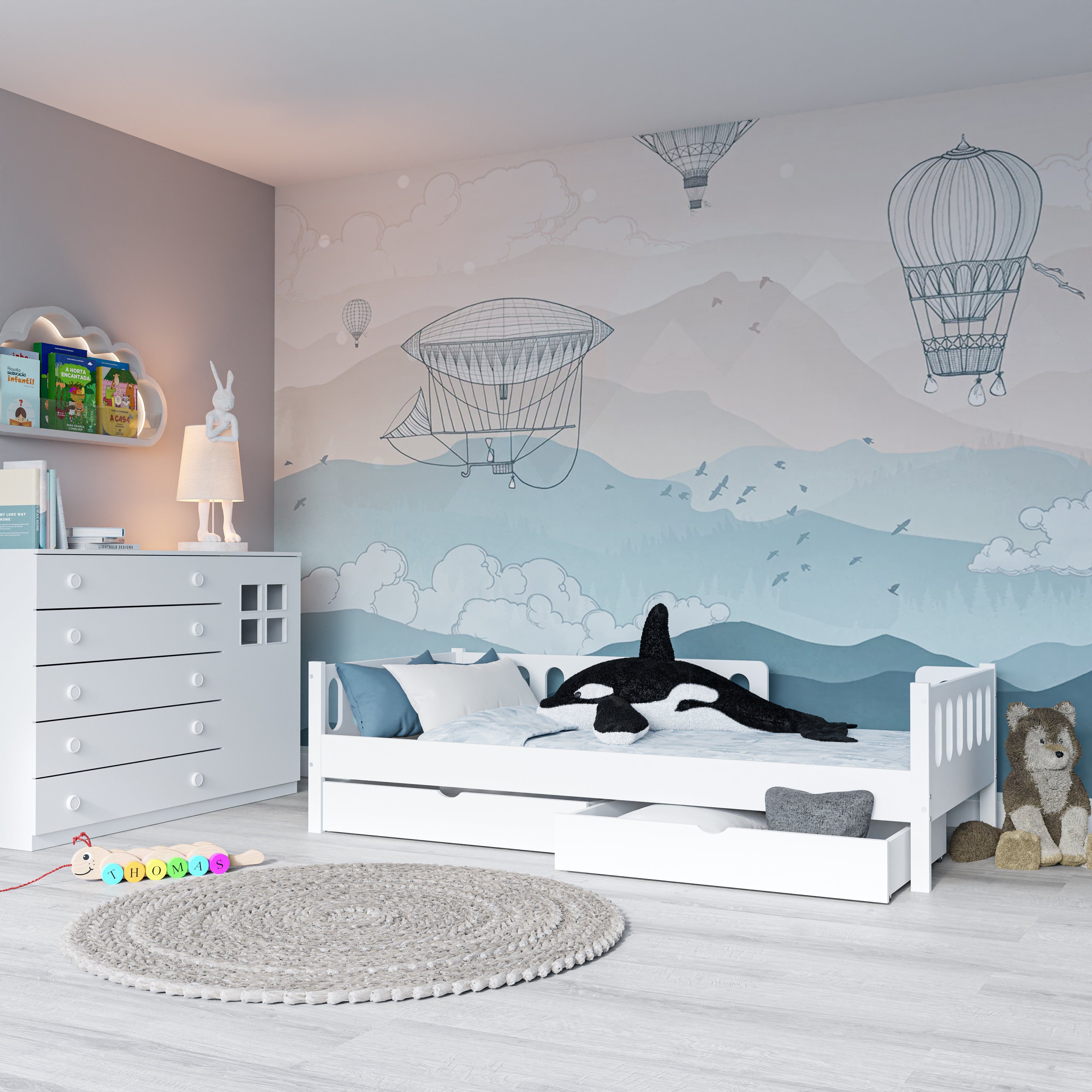 CADANI Kinderbett LARS 200x90 cm - Weiß (abnehmbarer Rausfallschutz), Bodenbett, einfache Montage, integrierter Lattenrost, Montessori