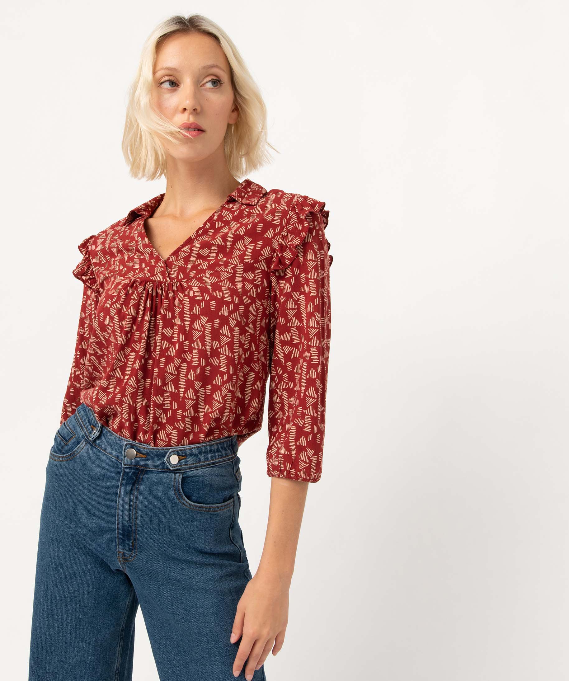 Blouse femme à manches 3/4 avec volants sur les épaules imprime | GEMO