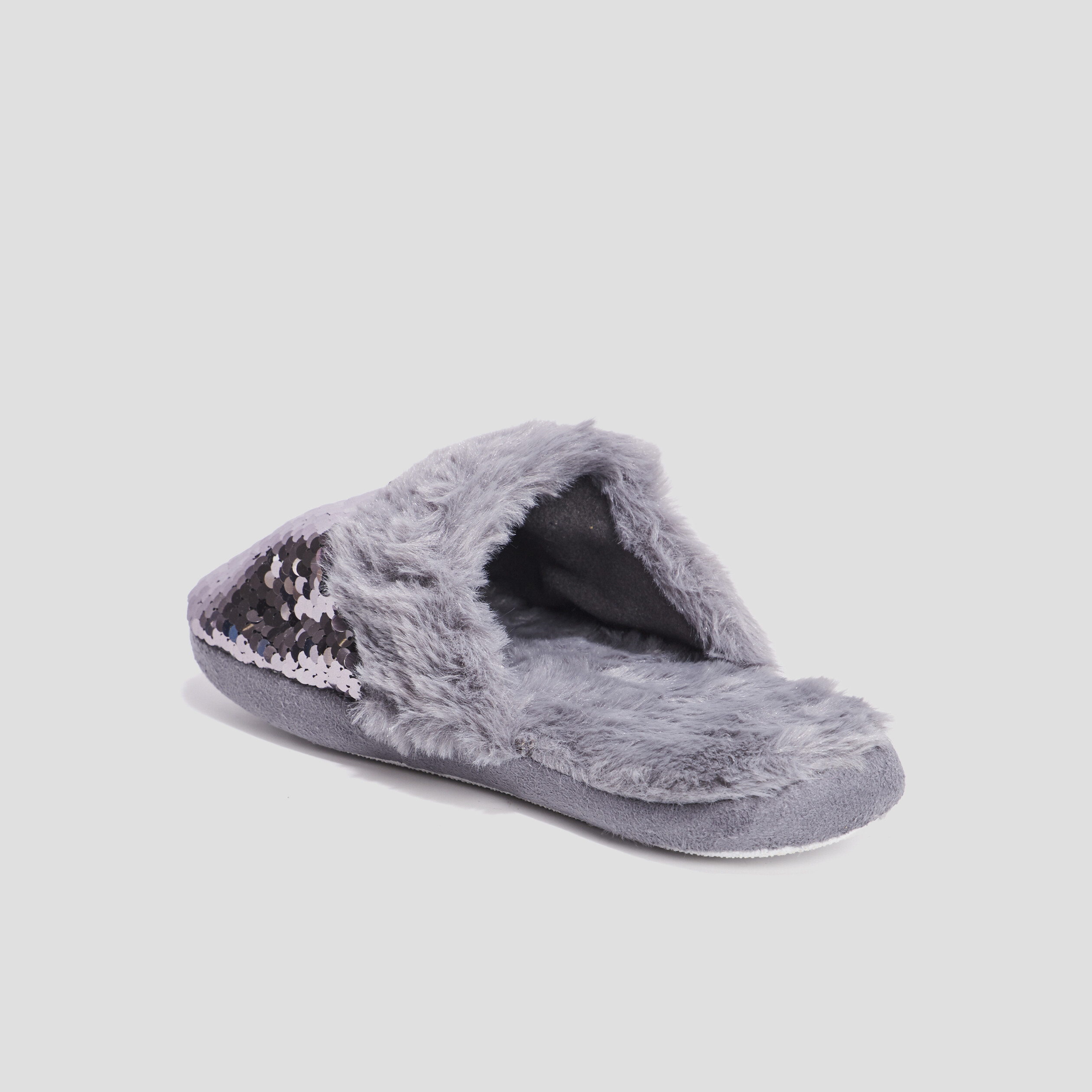 Chaussons mules sequins et fourrure gris femme | La Halle