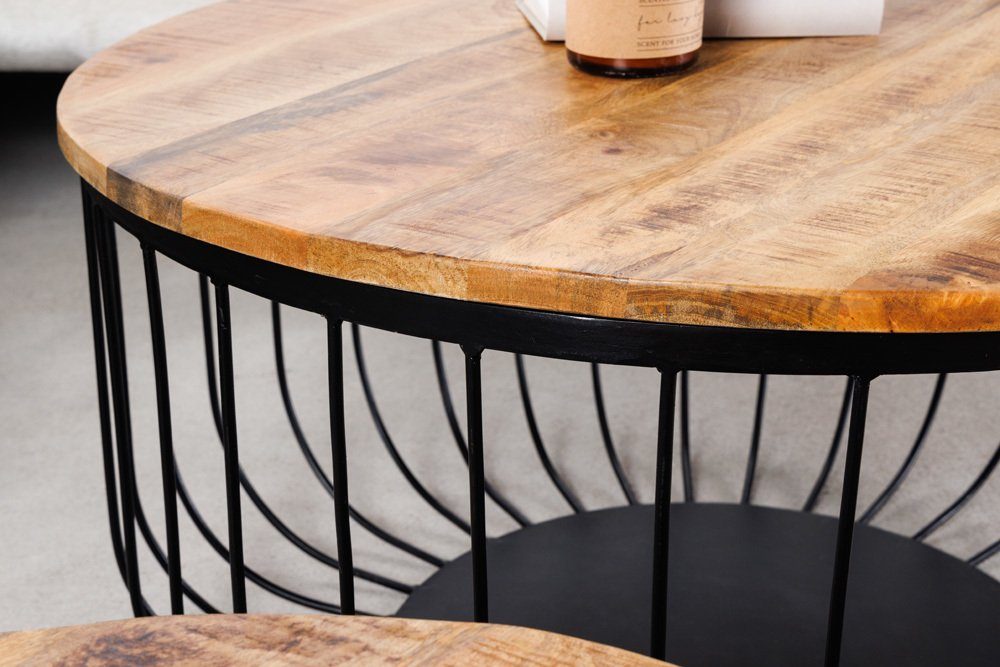 riess-ambiente Couchtisch STORAGE Ø70cm natur / schwarz (Set, 2-St), Massivholz · Metall · rund · Mango · Wohnzimmer · Industrial