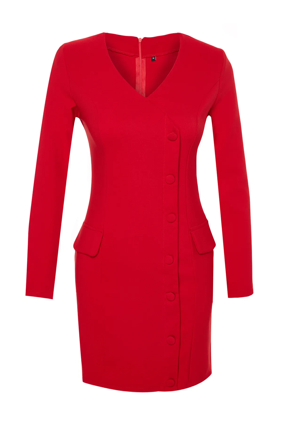 Trendyol Collection  Rotes, gewebtes Jackenkleid mit geknöpftem V-Ausschnitt und Taschendetails TWOAW24EL00629