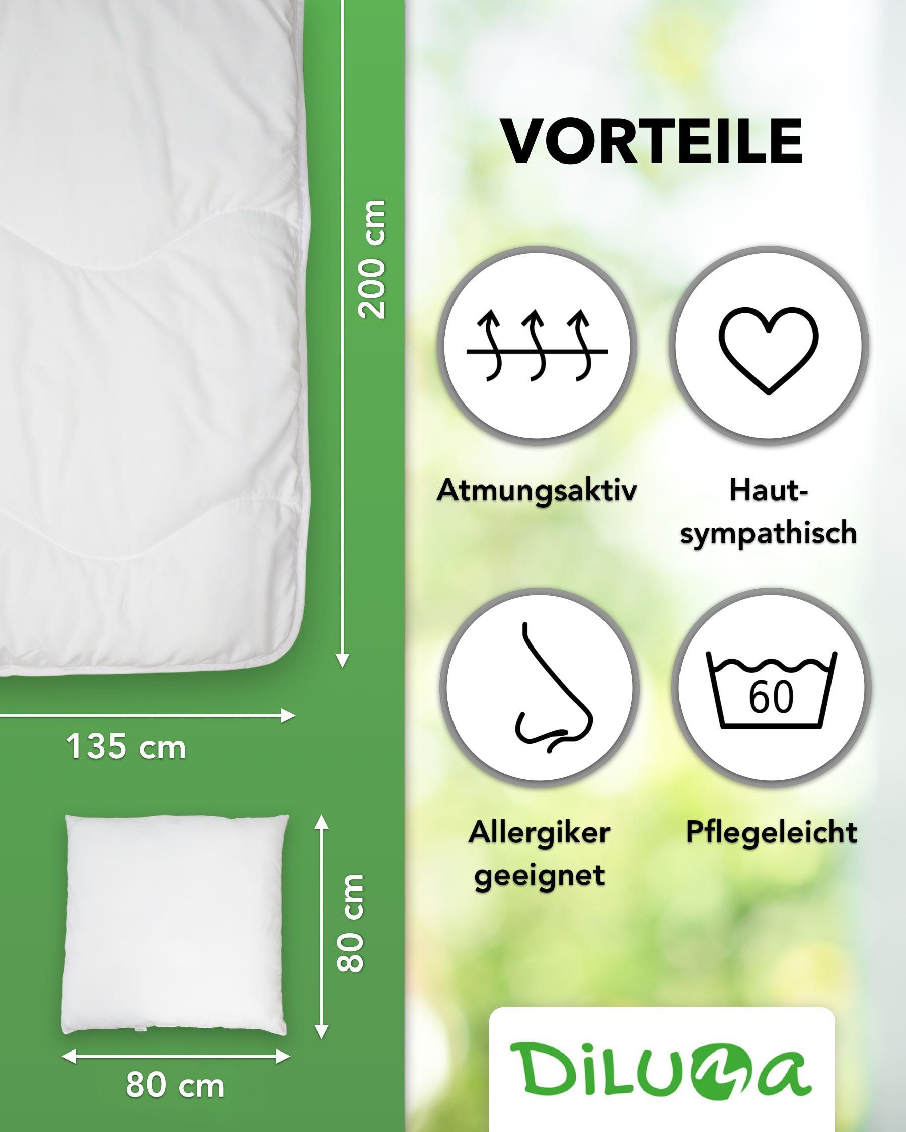 Bettdecke + Kopfkissen, Bettenset 4-Teilig - 2x Bettdecke 135x200 cm 2x Kissen 80x80 cm, DILUMA, Bezug: Polyester Mikrofaser, Bettdecken Set mit Kopfkissen, Ganzjahresdecke Steppdecke