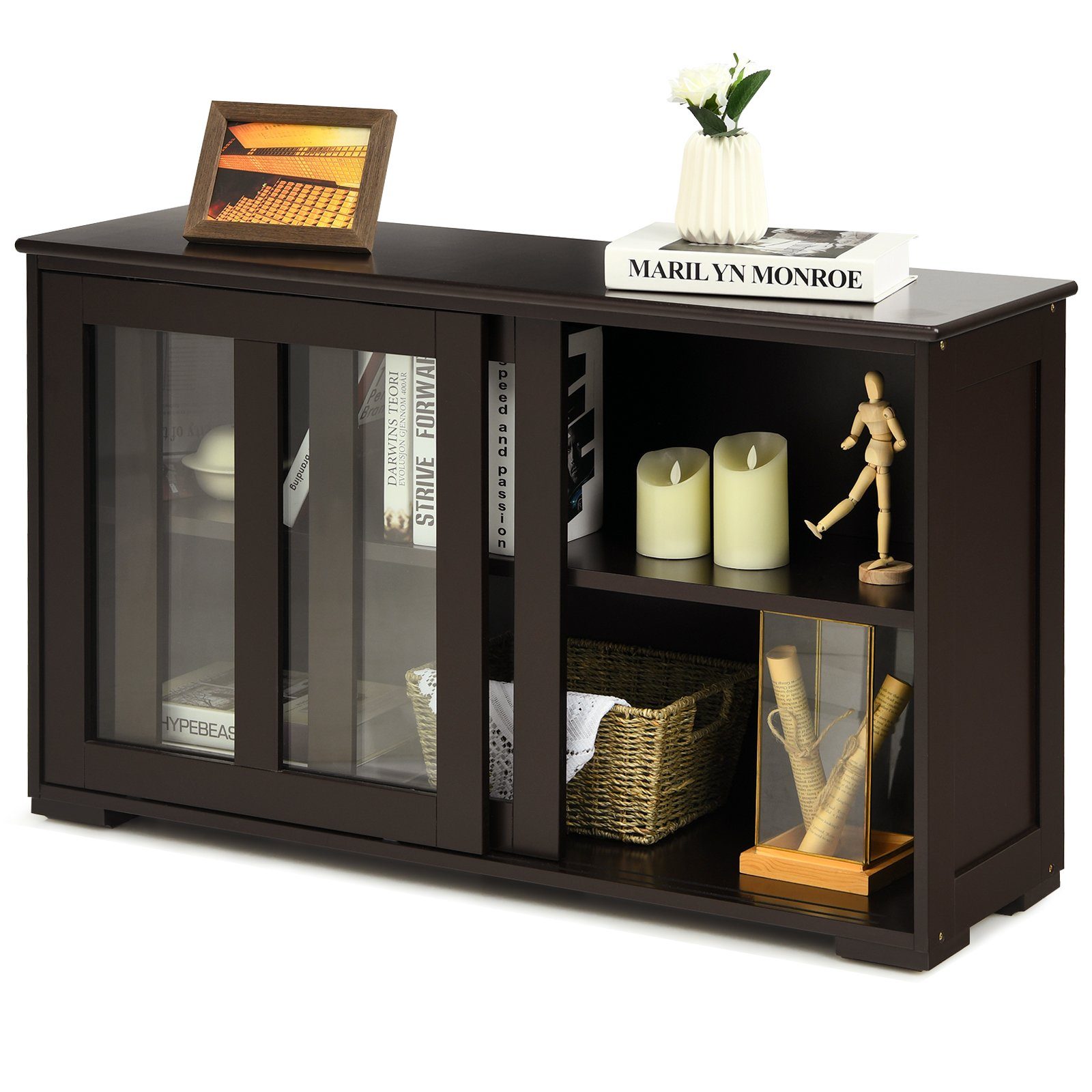 COSTWAY Sideboard, mit Schiebetüren, höhenverstellbarer Ablage