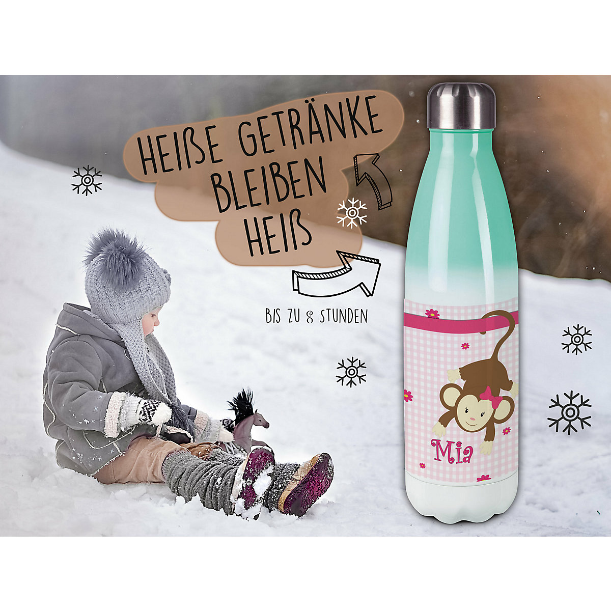 Edelstahl Kinder Thermoflasche / Trinkflasche bunt Affe hängend Farbe rosa Spülmaschinenfest, Auslaufsicher, Bruchfest, Doppelwandig, Für Heißgetränke geeignet, Mit Deckel, Isoliert