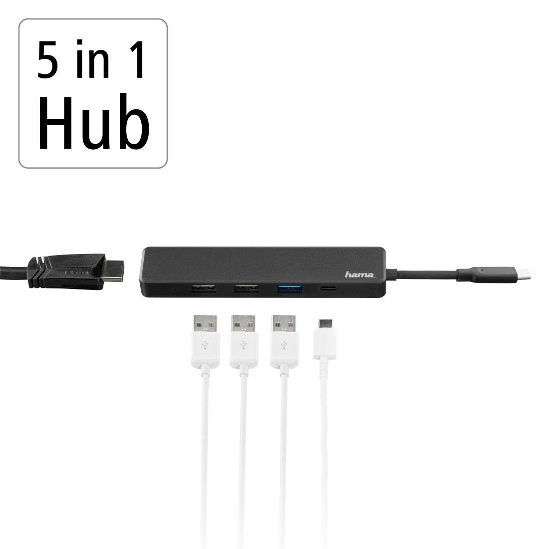 Hama USB C Hub, Multiport, 5 Ports, 3x USB A, USB C, HDMI™ Adapter USB-C