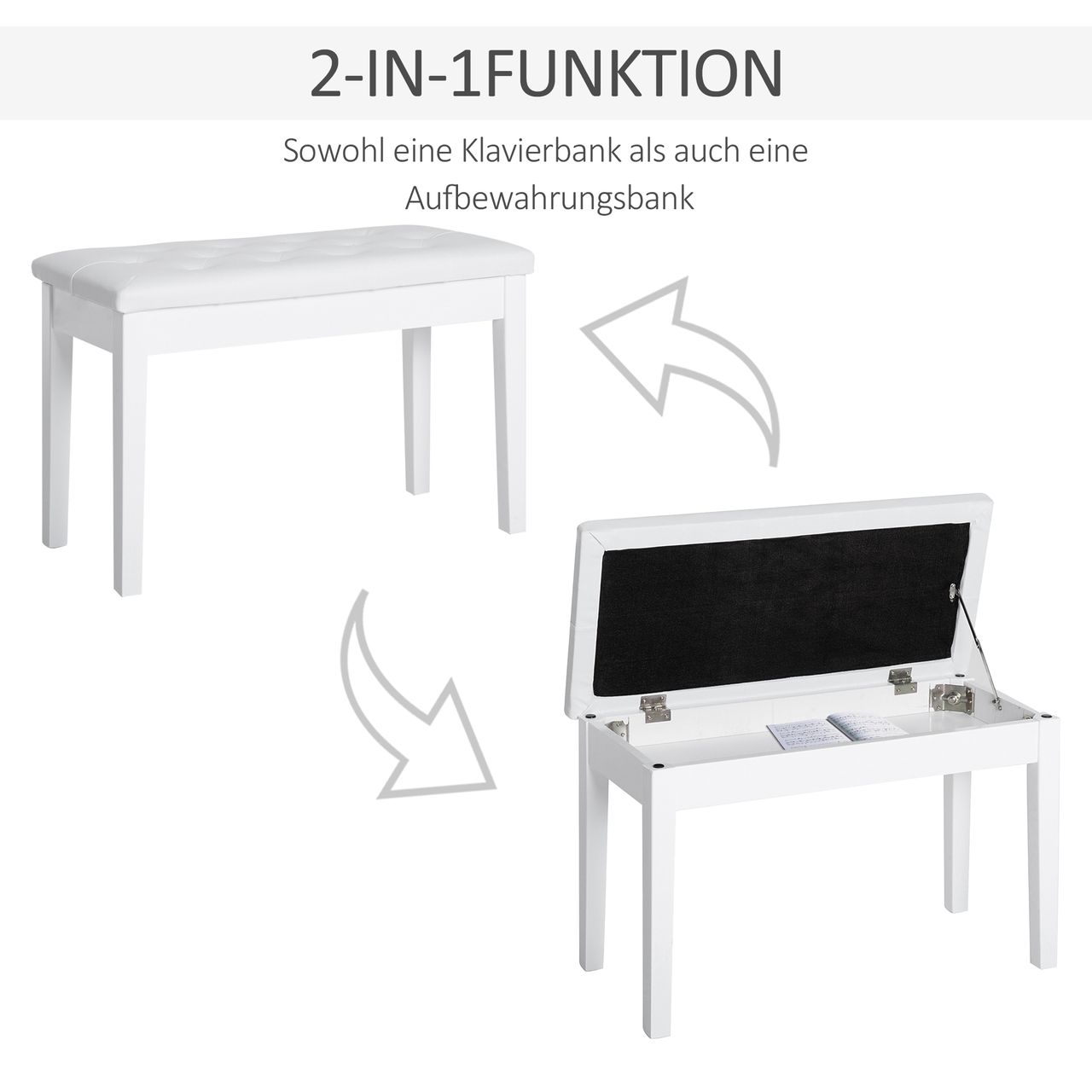 HOMCOM Klavierhocker Klavierbank traditionellen Landhausstil kosmetischer Hocker Stauraum Gummiholz Kunstleder Weiß 76 x 36 x 50 cm
