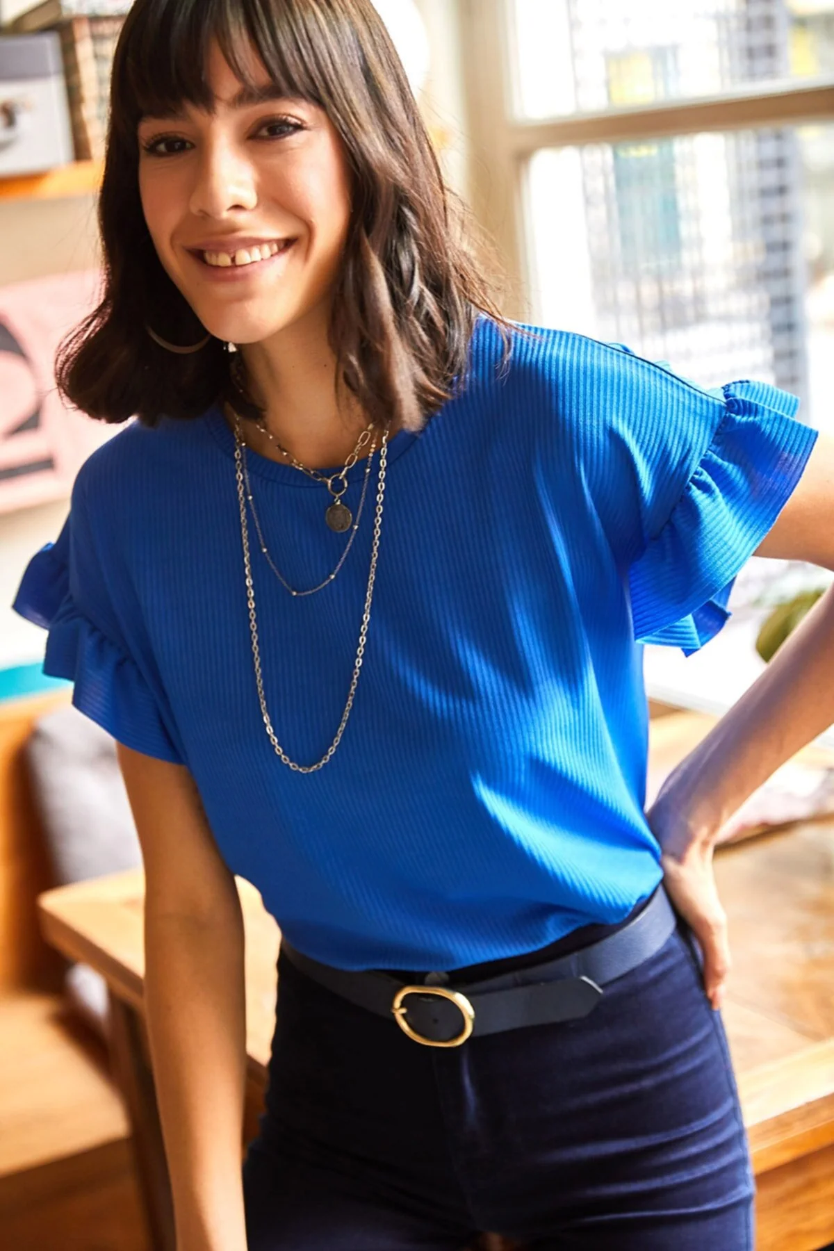 Olalook  Blaues Saks-T-Shirt mit Rüschenärmeln für Damen TSH-19000417