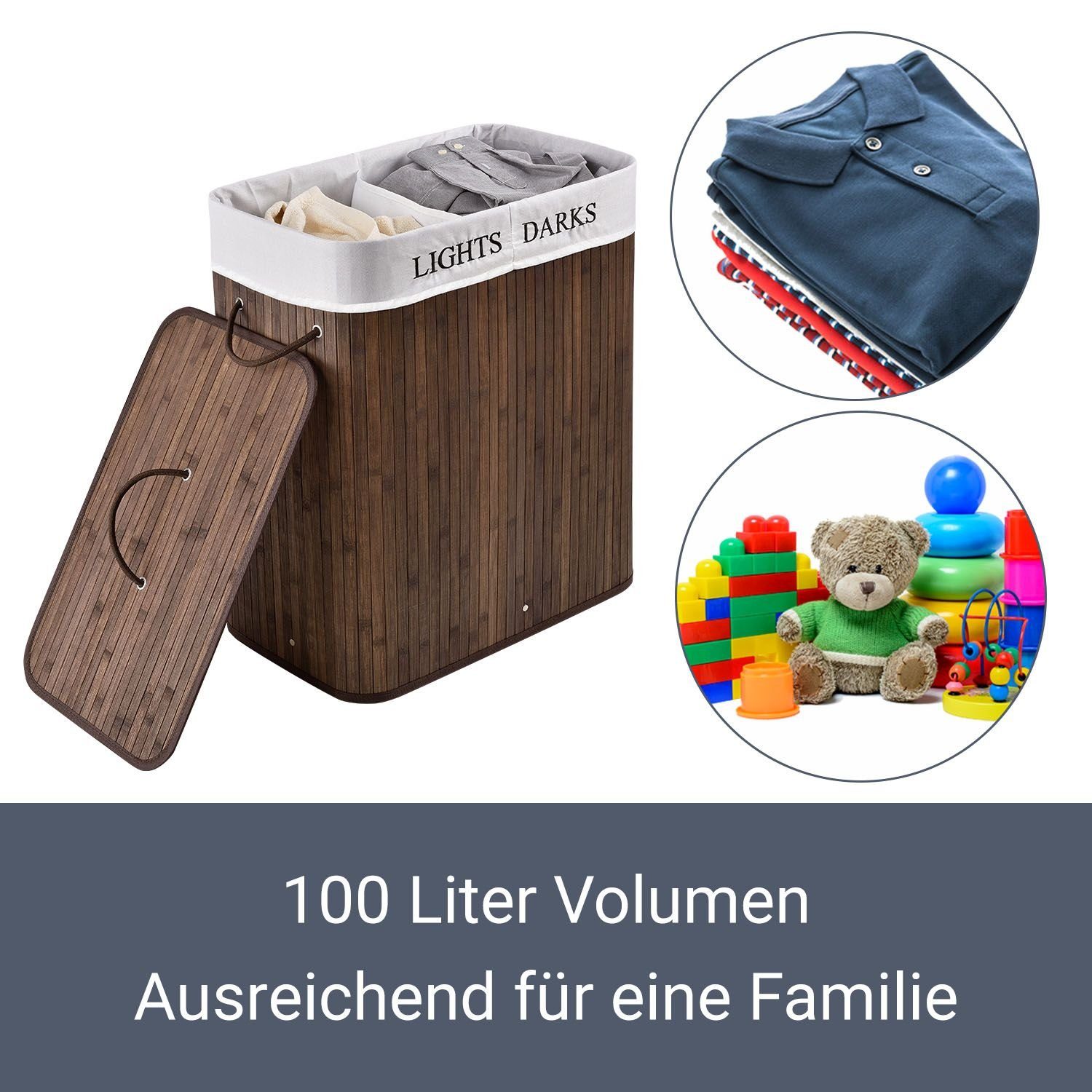Juskys Wäschekorb Curly 100 L, 100 l, 2 große Fächer, mit Tragegriffe, Deckel, Wäschesack waschbar
