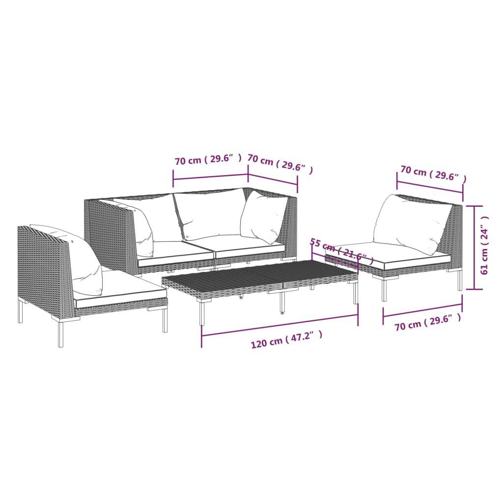 vidaXL Gartenlounge-Set 5-tlg. Garten-Lounge-Set mit Kissen Poly Rattan Dunkelgrau, (1-tlg)