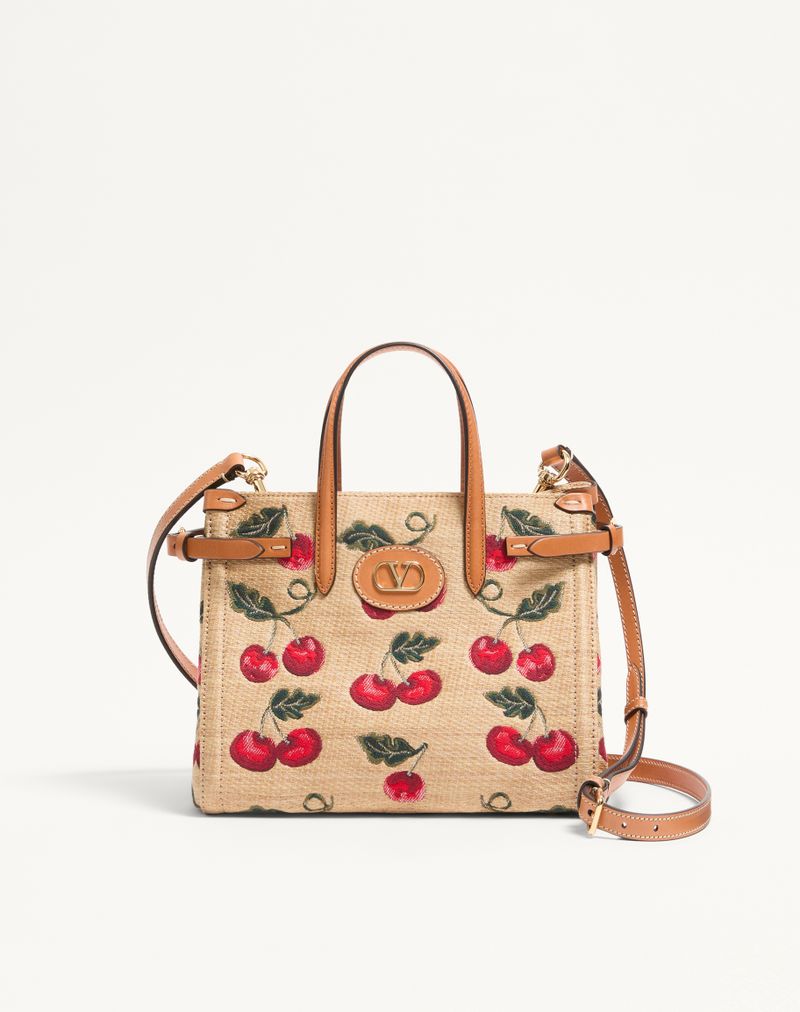 Valentino Garavani Antibes lille jacquard raffia indkøbstaske med kirsebærmotiv