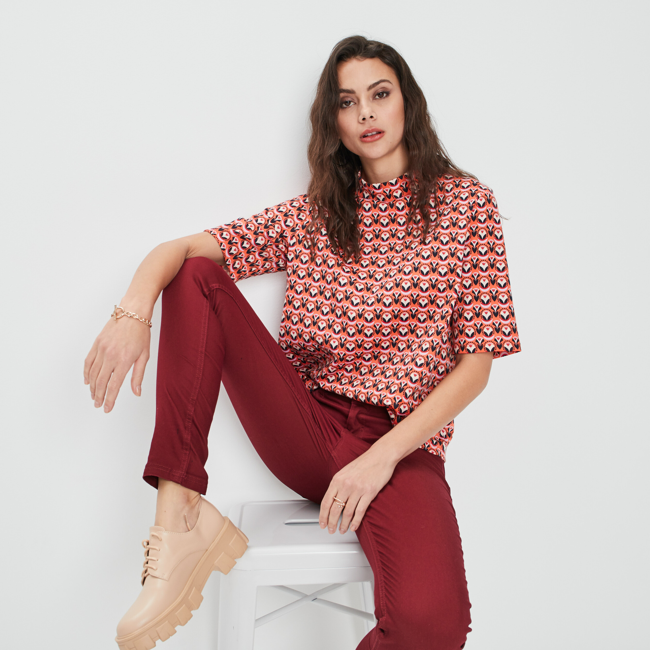 T-shirt avec col montant orange corail femme | La Halle