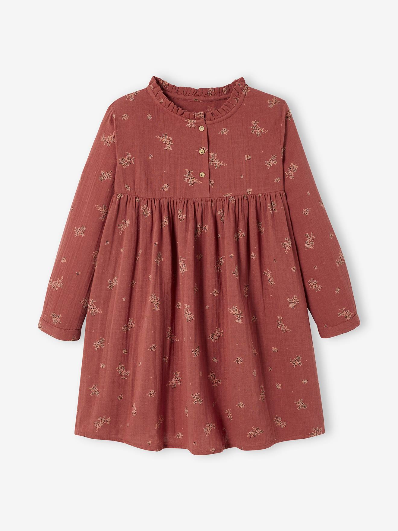 Robe en gaze de coton détails fantaisie fille beige