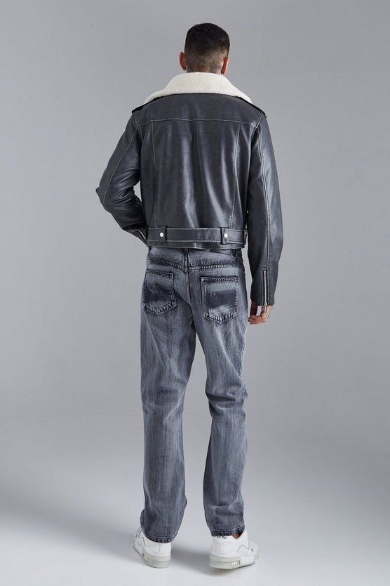 Kastige PU-Bikerjacke mit Borg-Kragen