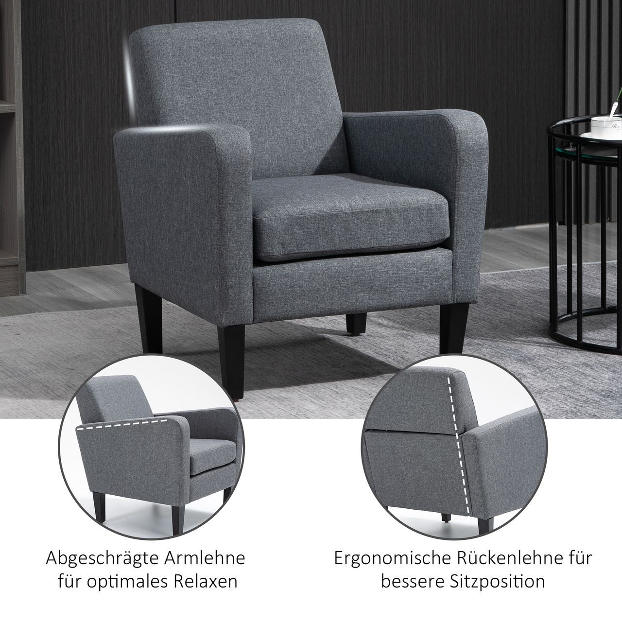 HOMCOM Einzelsessel Relaxsessel Einzelstuhl Polstersessel Holzfüße Leinenstoff Hellgrau 66 x 72 x 74 cm
