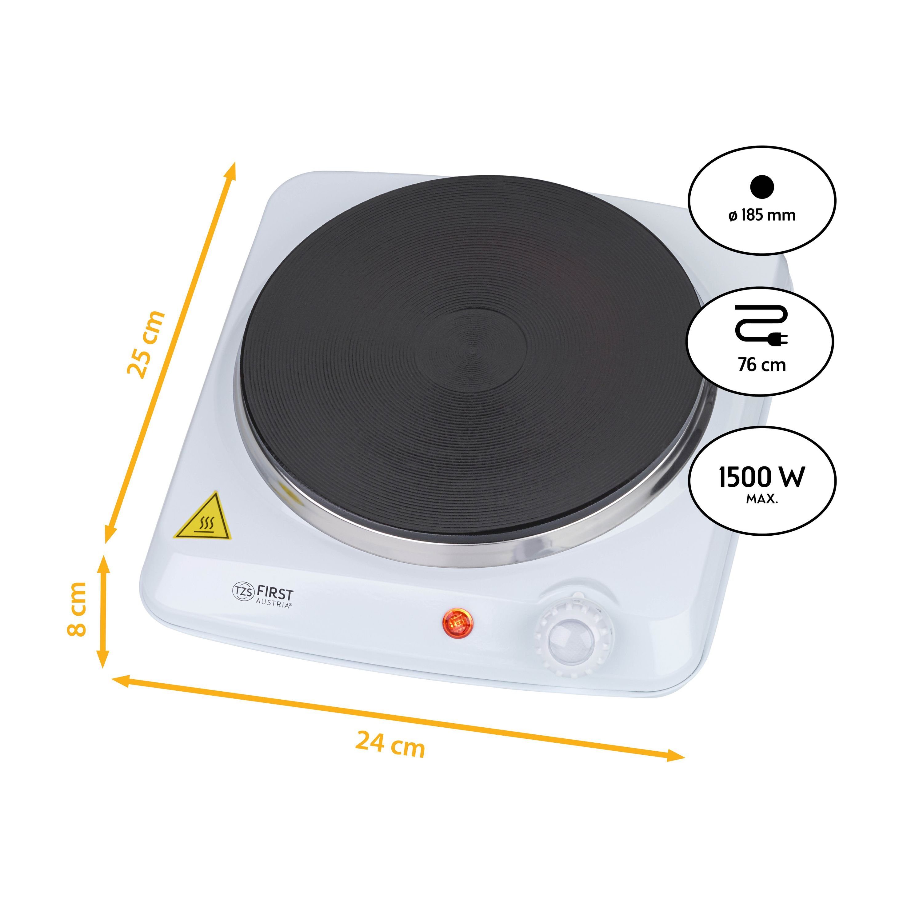 TZS FIRST AUSTRIA Doppelkochplatte Einzelkochplatte 1500W, Gusseisen, Kochplatte Weiß, Herdplatte Camping, Thermostat mit 5 Temperaturstufen