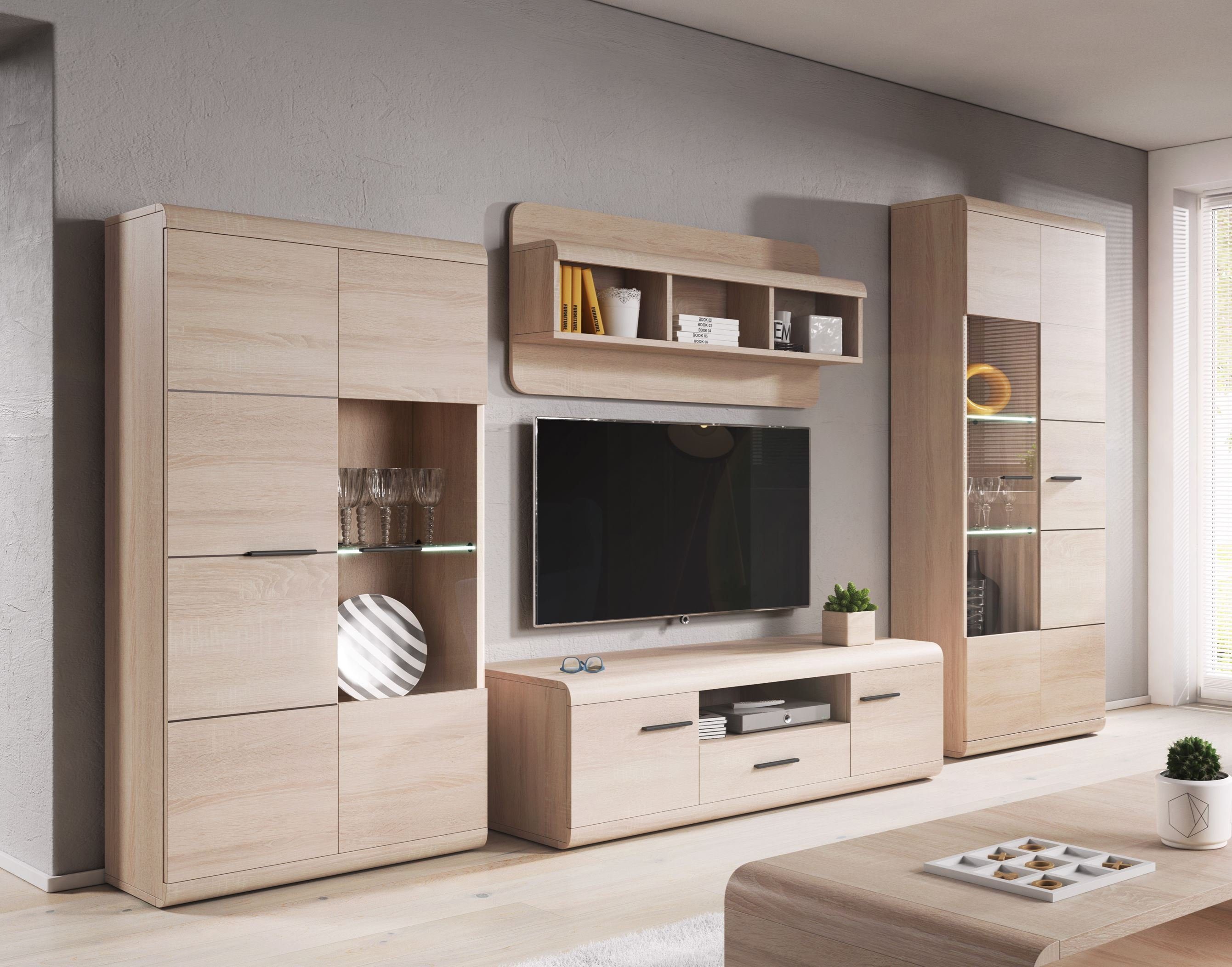 Furnix Wohnwand LIRYA Vitrinen niedrig und hoch, TV-Schrank, Couchtisch und Regal, hochwertig, Gesamt: B228,2 x H49,2 x T40 cm, made in EU
