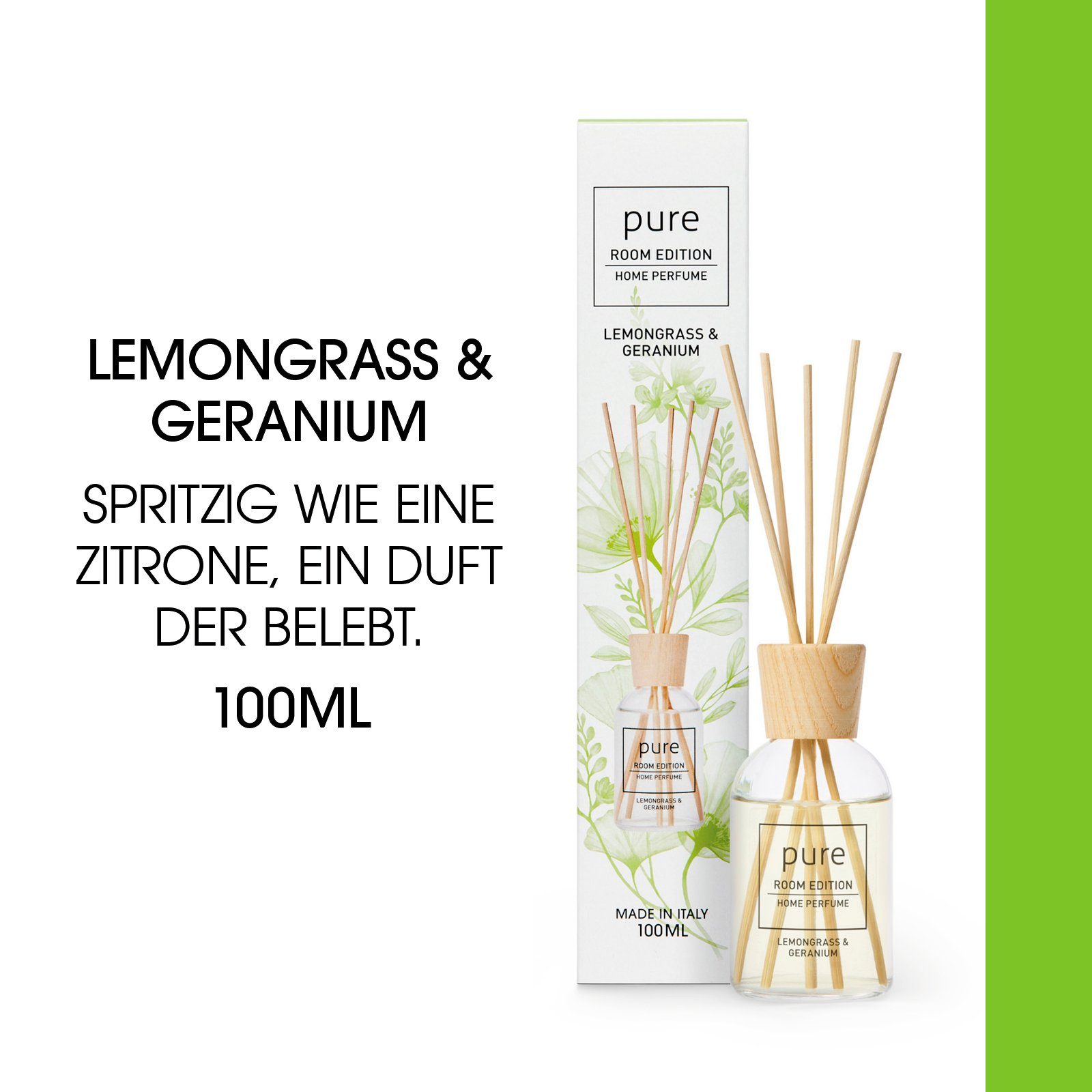 PURE ROOM EDITION Raumduft 100 ml (1 x 100 ml Zitronengras & Geranie Raumduft + 5 Duftstäbchen)