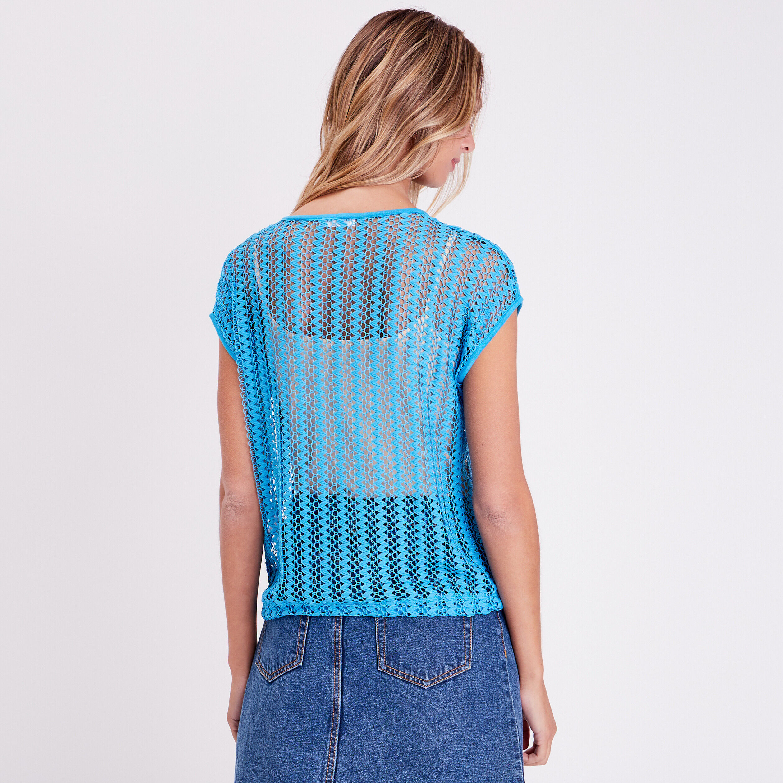 T-shirt macramé ajouré bleu femme | Cache Cache