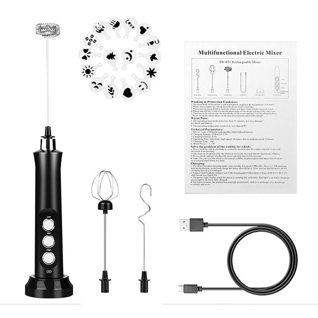 flowgoer Milchaufschäumer Elektrischer Milchaufschäumer mit drei Quirls, wiederaufladbar, Robuster Edelstahl, vielseitig und leise, drei Geschwindigkeiten
