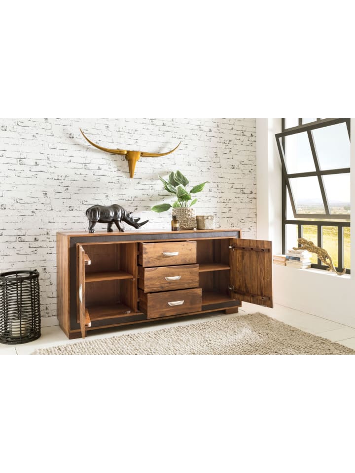 KADIMA DESIGN Design Sideboard Massivholz mit Kunstleder 160x44x80 cm günstig kaufen onesize