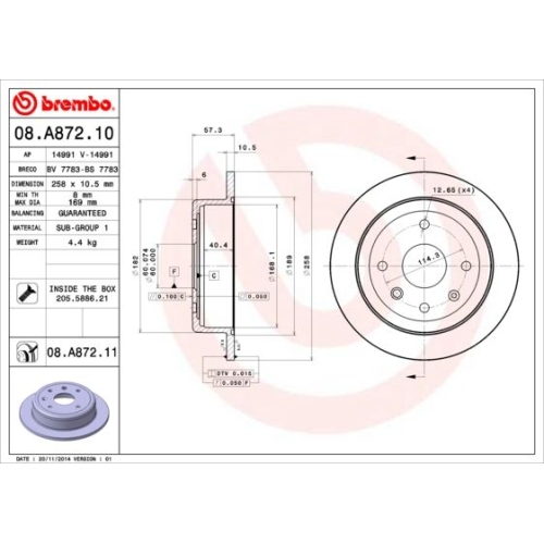 Bremsscheibe Brembo Hinterachse  2 Stück 08.A872.11 - ATU