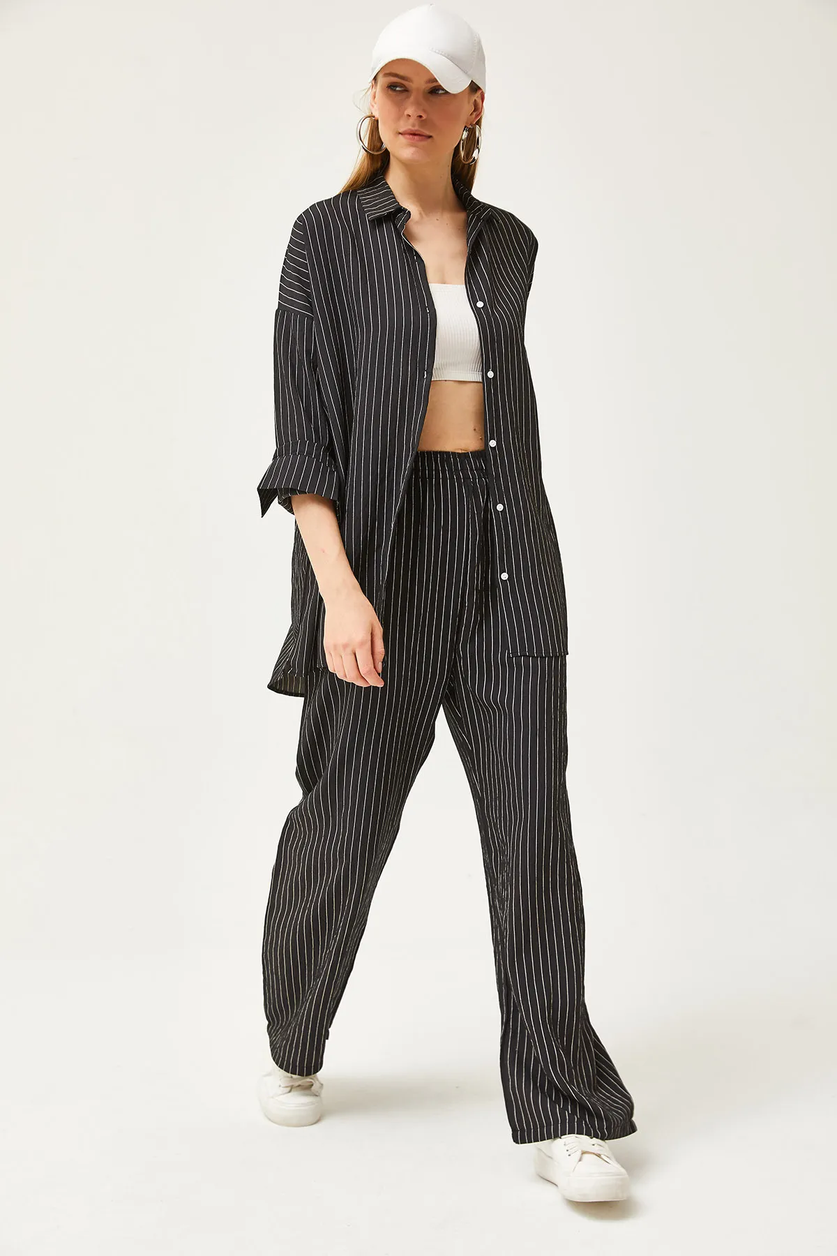 Olalook  Schwarzes gestreiftes Hemd-Hosen-Set für Damen TKM-19000282