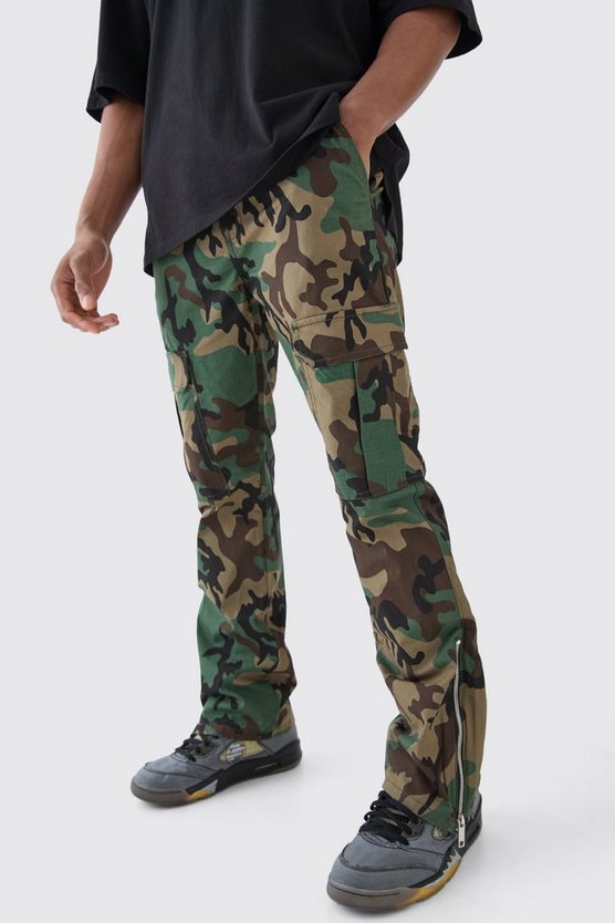 Slim-Fit Camouflage Ripstop Cargohose mit Reißverschluss