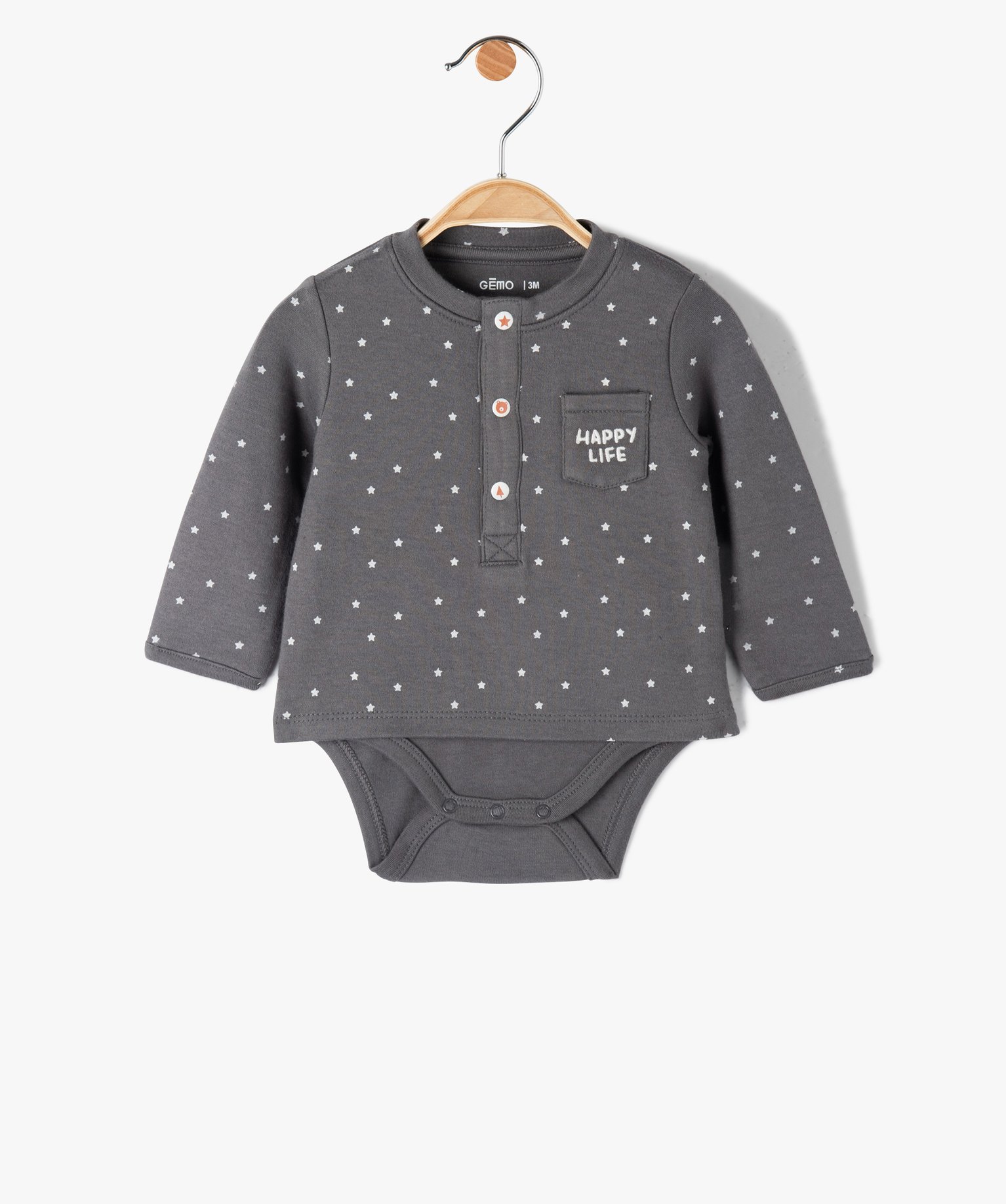 Body bébé à manches longues effet tee-shirt gris fonce | GEMO