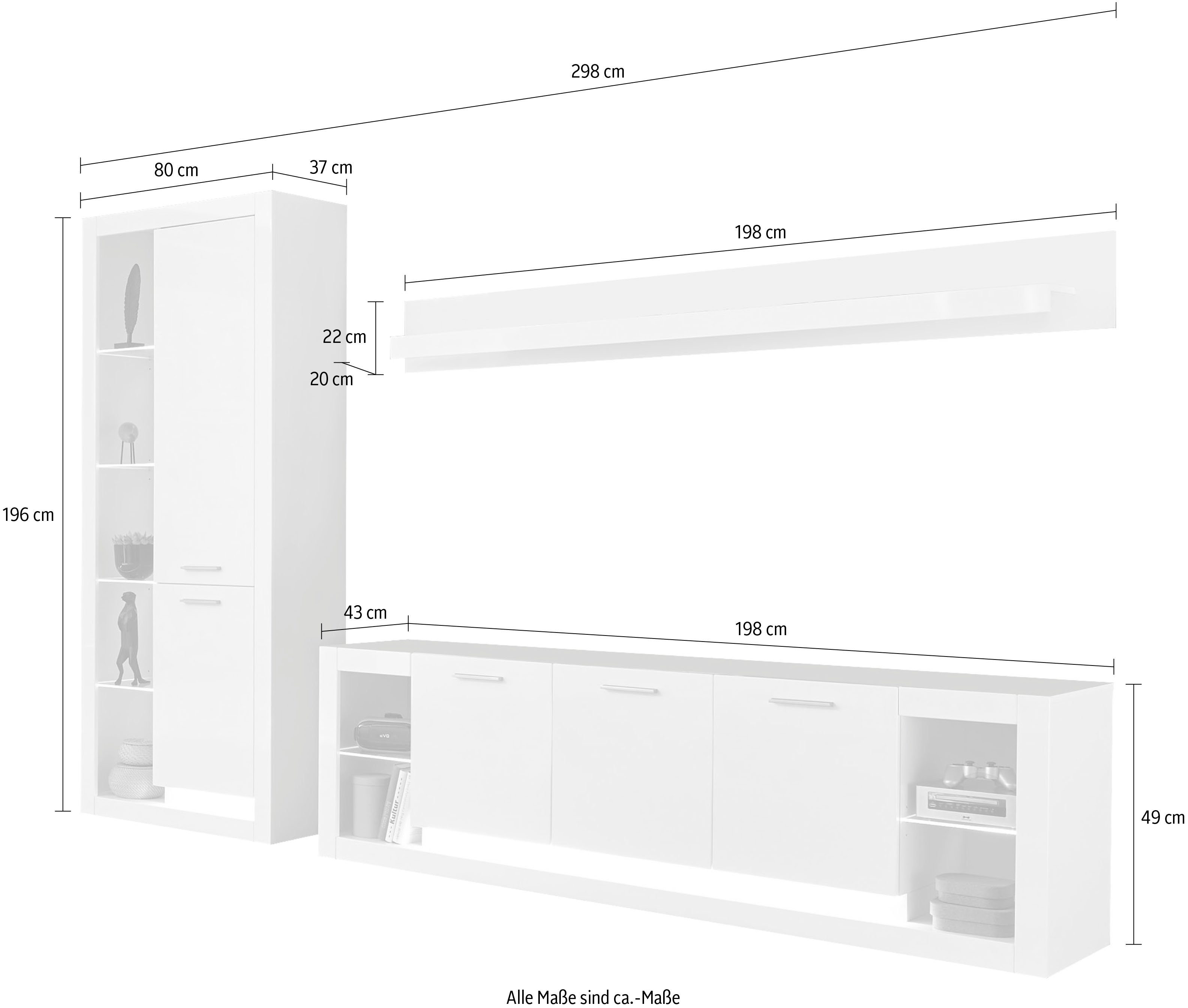 Places of Style Wohnwand Meran, (3-St., Stauraumvitrine, Lowboard, Wandregal)