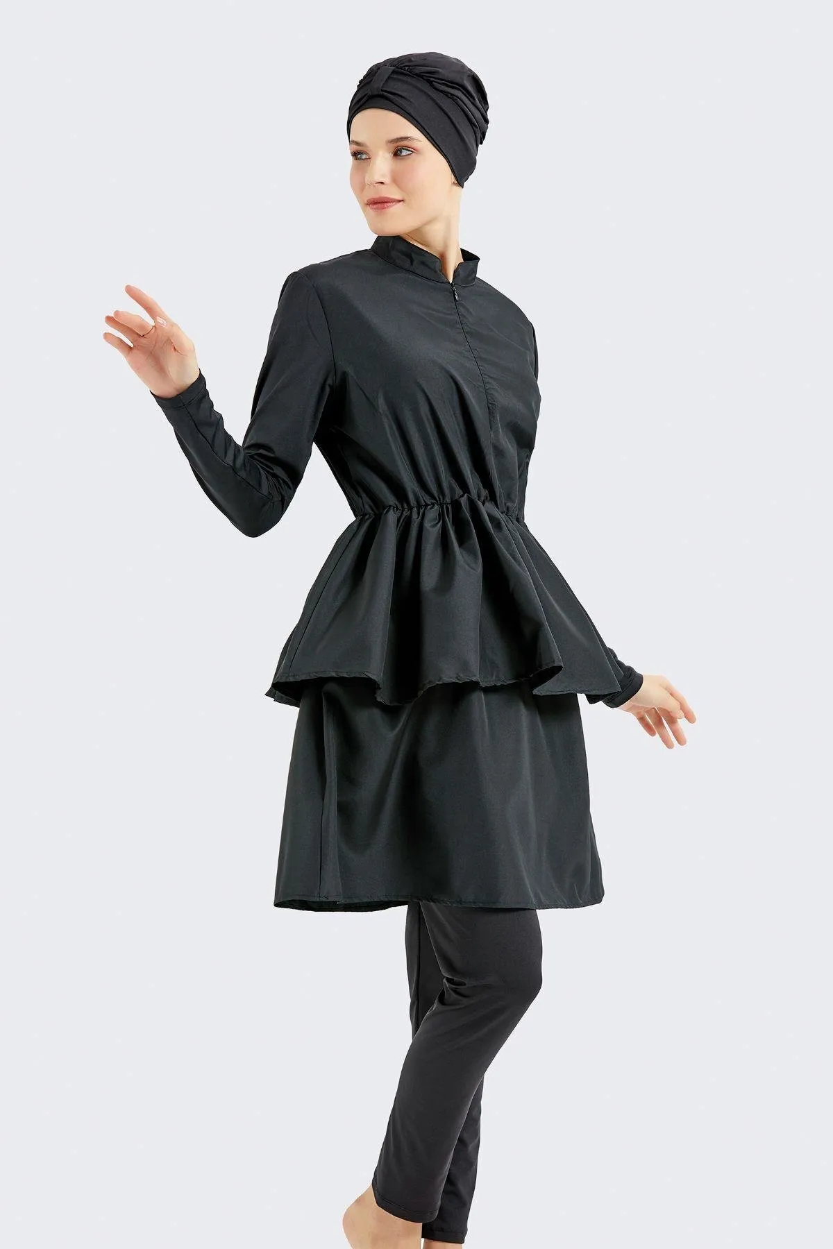 C&City  Vollständig bedeckter 4-teiliger plissierter Hijab-Badeanzug C14122 Schwarz
