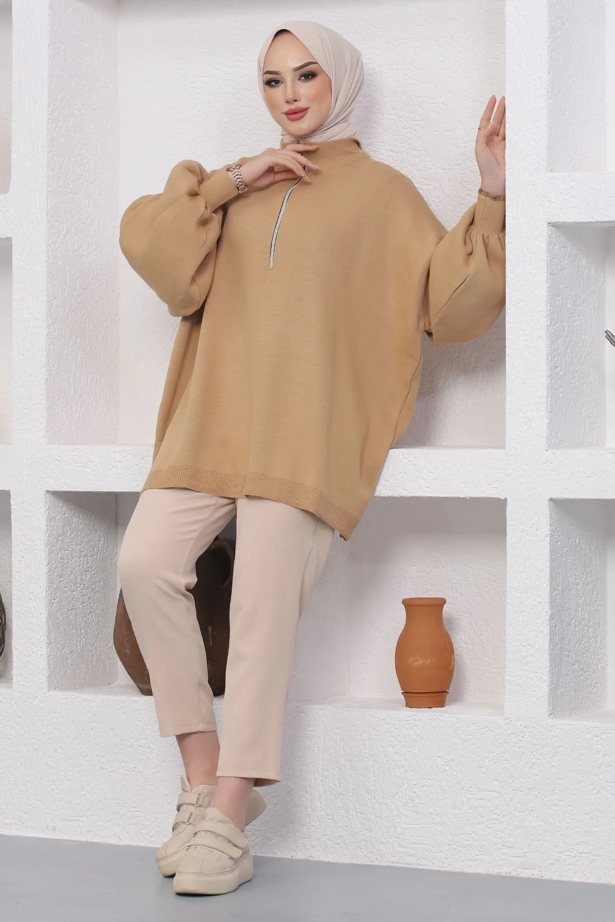 InStyle  Sara Stricktunika mit Reißverschluss – Kamel