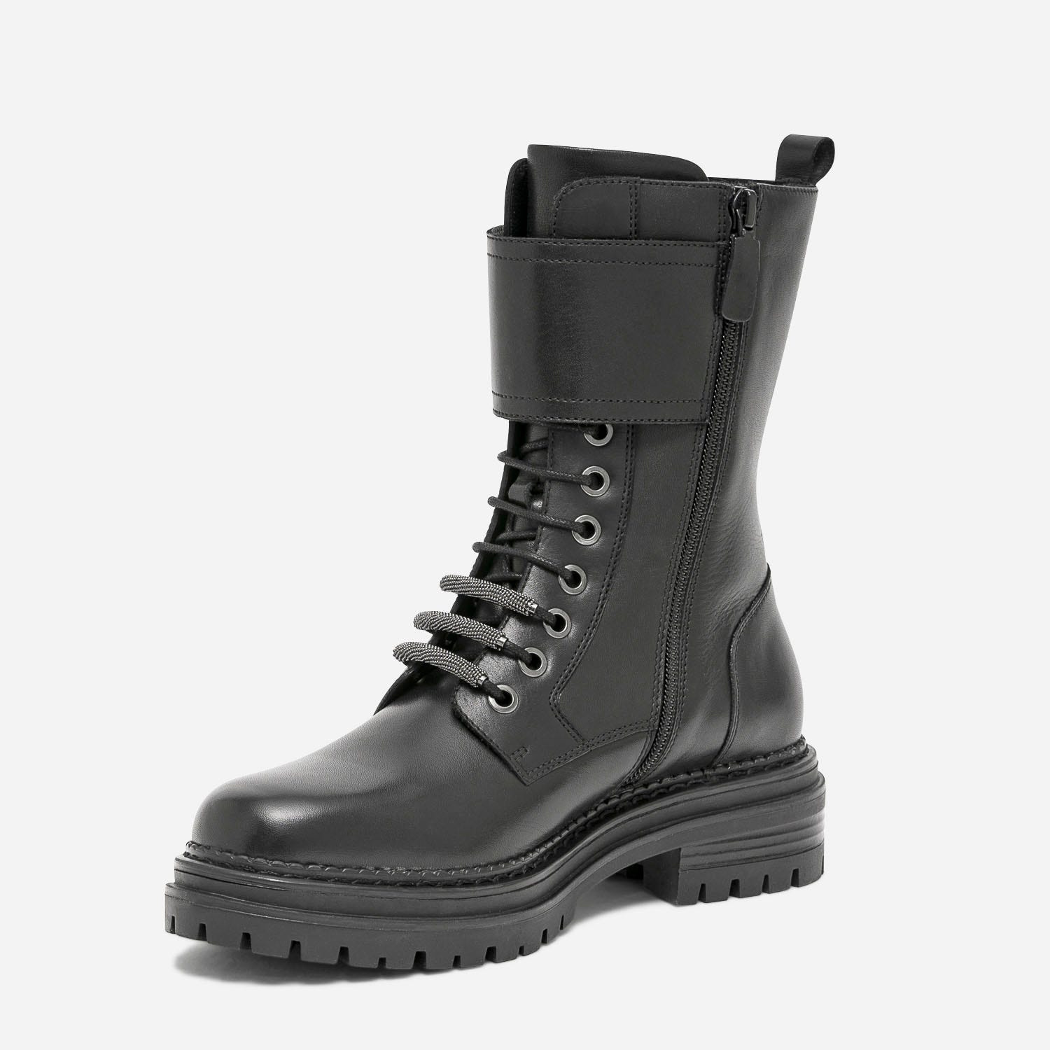 Bottine TEXTO noire en cuir avec bride et perles