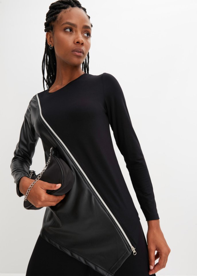 Asymmetrisches Langarmshirt mit Lederimitateinsatz