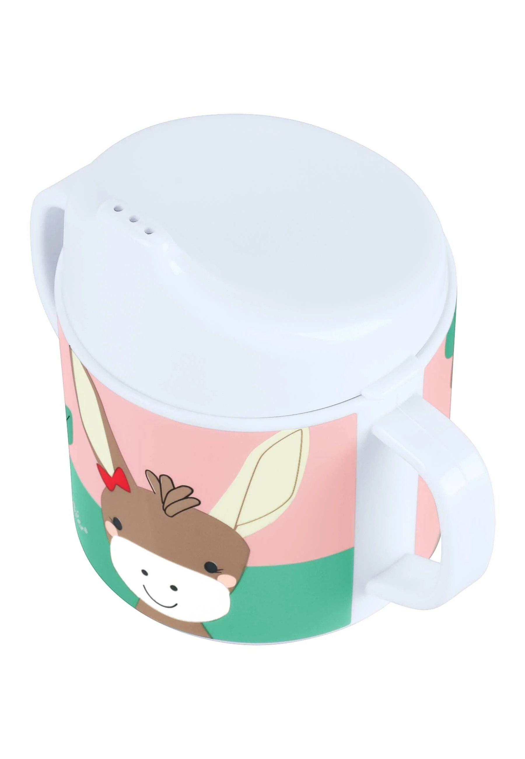 Henkeltasse Esel Emmily mit Trinkaufsatz, Hellrot