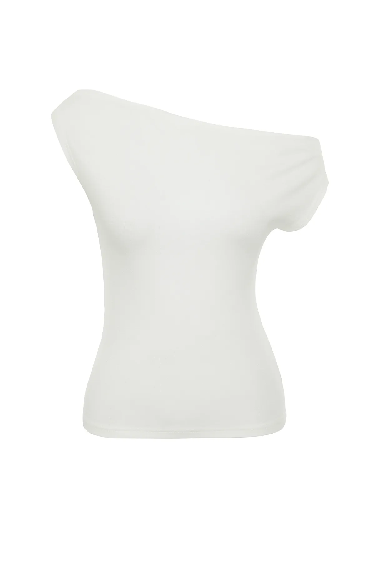 Trendyol Collection  Ecrufarbene, taillierte Bluse aus flexiblem Strick mit U-Boot-Ausschnitt und Viskose/weichem Stoff TWOSS24BZ00090